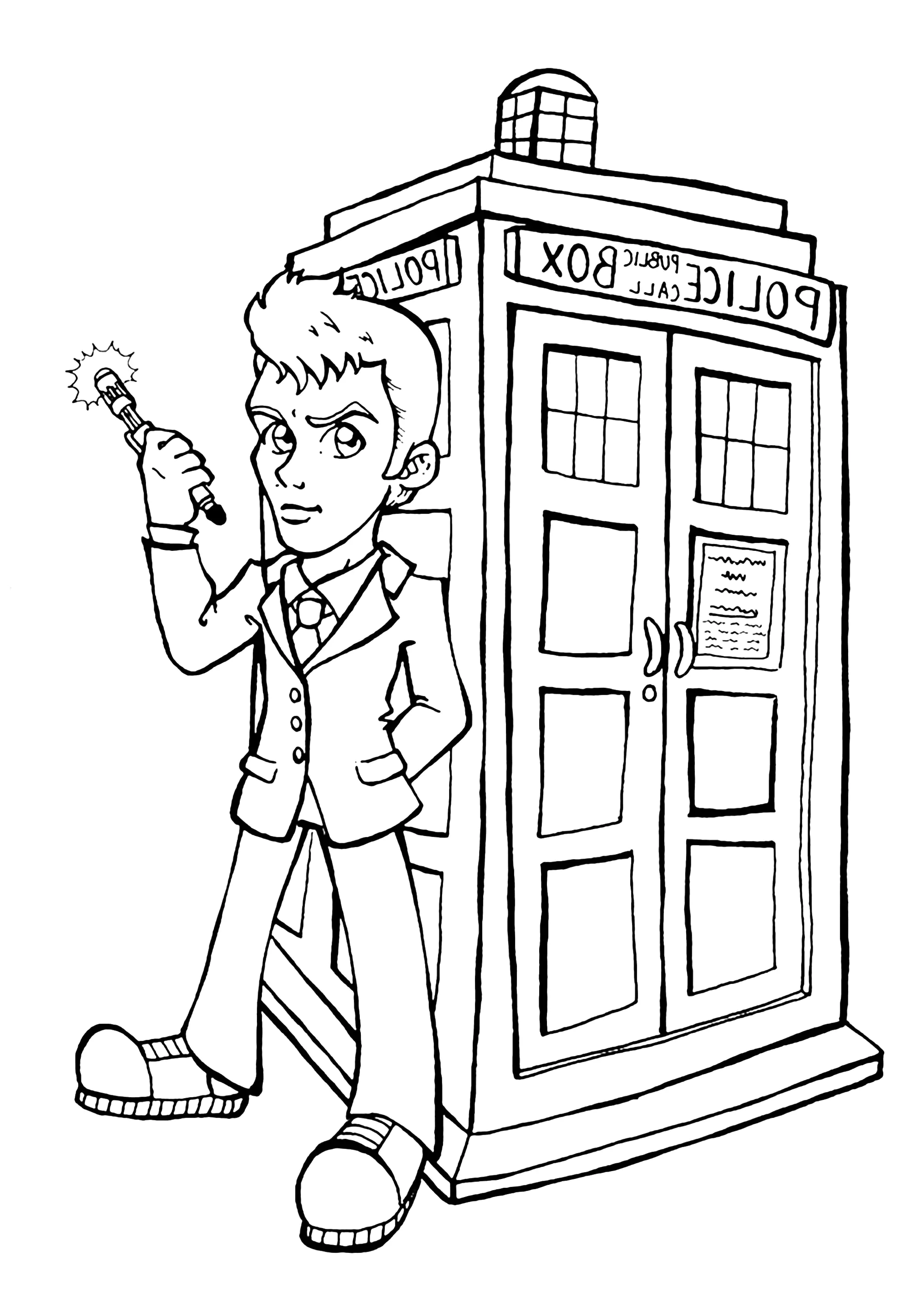 Doctor Who (estilo de banda desenhada) e a TARDIS (Página para colorir e imprimir para crianças)