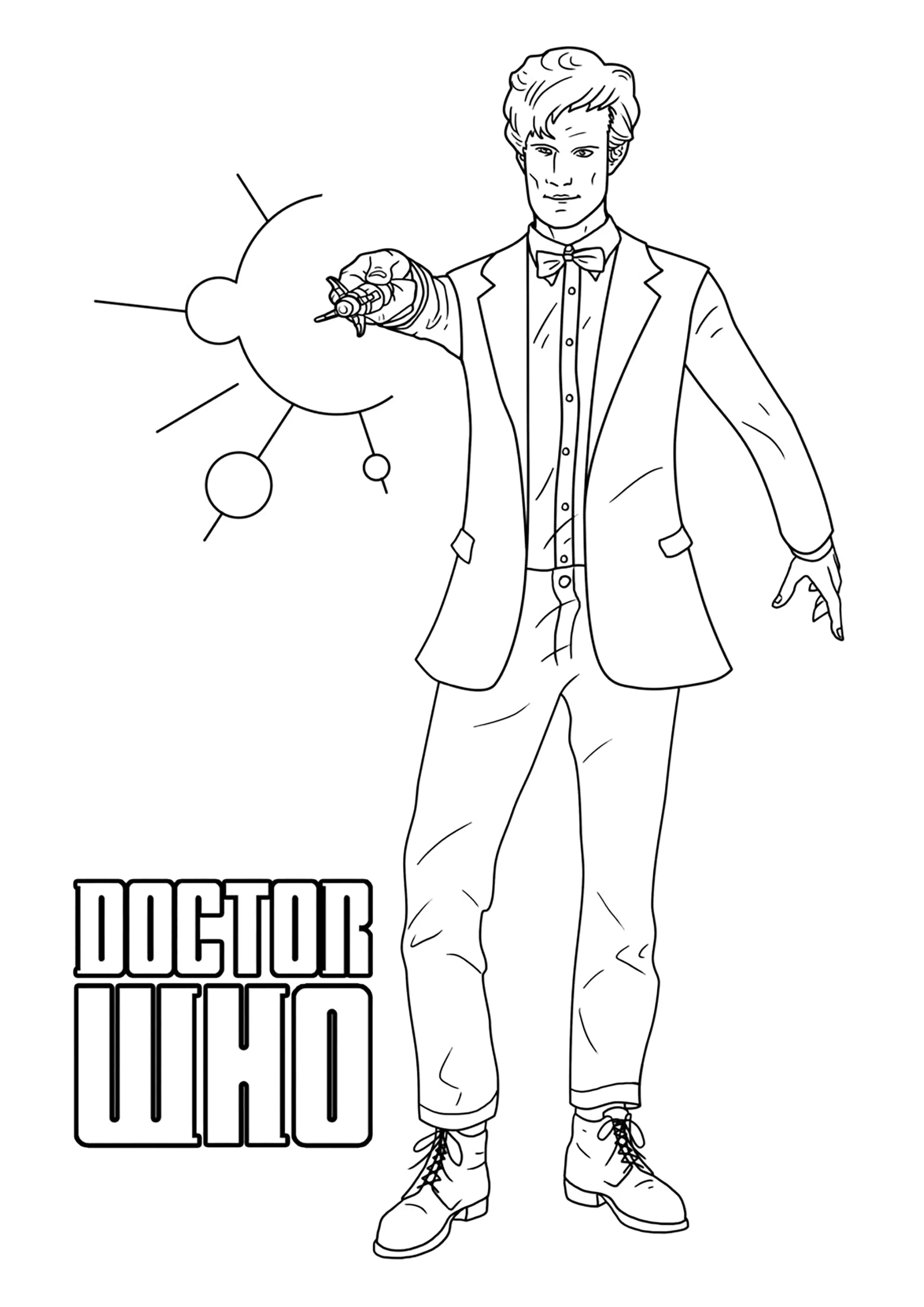 Doctor Who e a sua chave de fendas sónica (Página para colorir e imprimir para crianças)