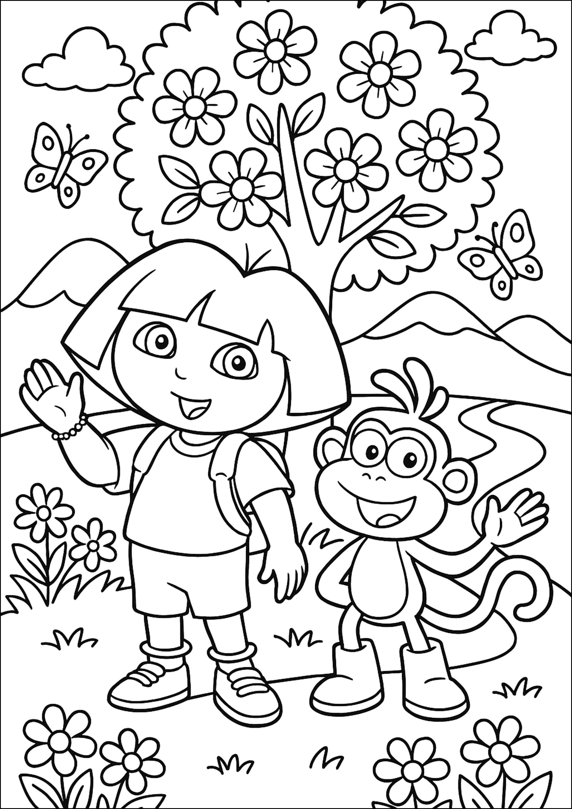 Dora e Babouche na floresta encantada (Página de Dora a Aventureira para colorir e imprimir para crianças)