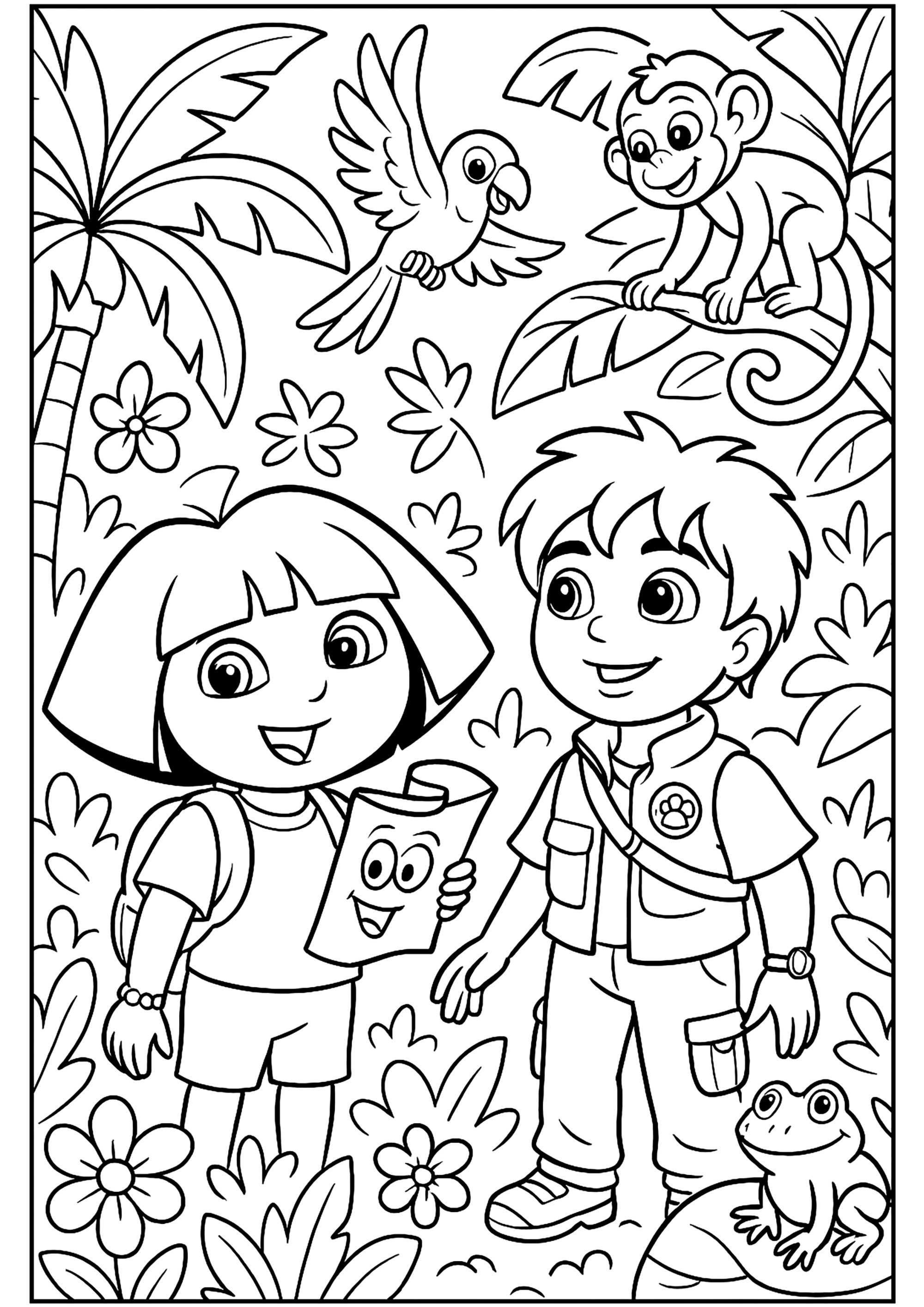 Aventura alegre em plena selva (Página de Dora a Aventureira para colorir e imprimir para crianças)