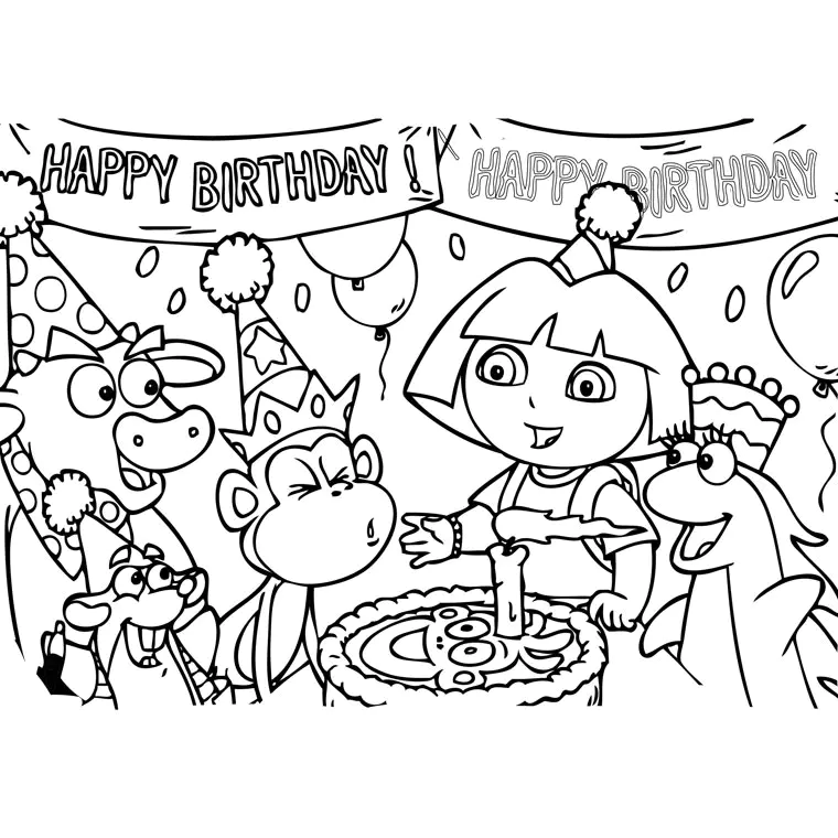 O aniversário de Dora (Página de Dora a Aventureira para colorir e imprimir para crianças)