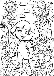 Aventura alegre na selva (Página de Dora a Aventureira para colorir para crianças)
