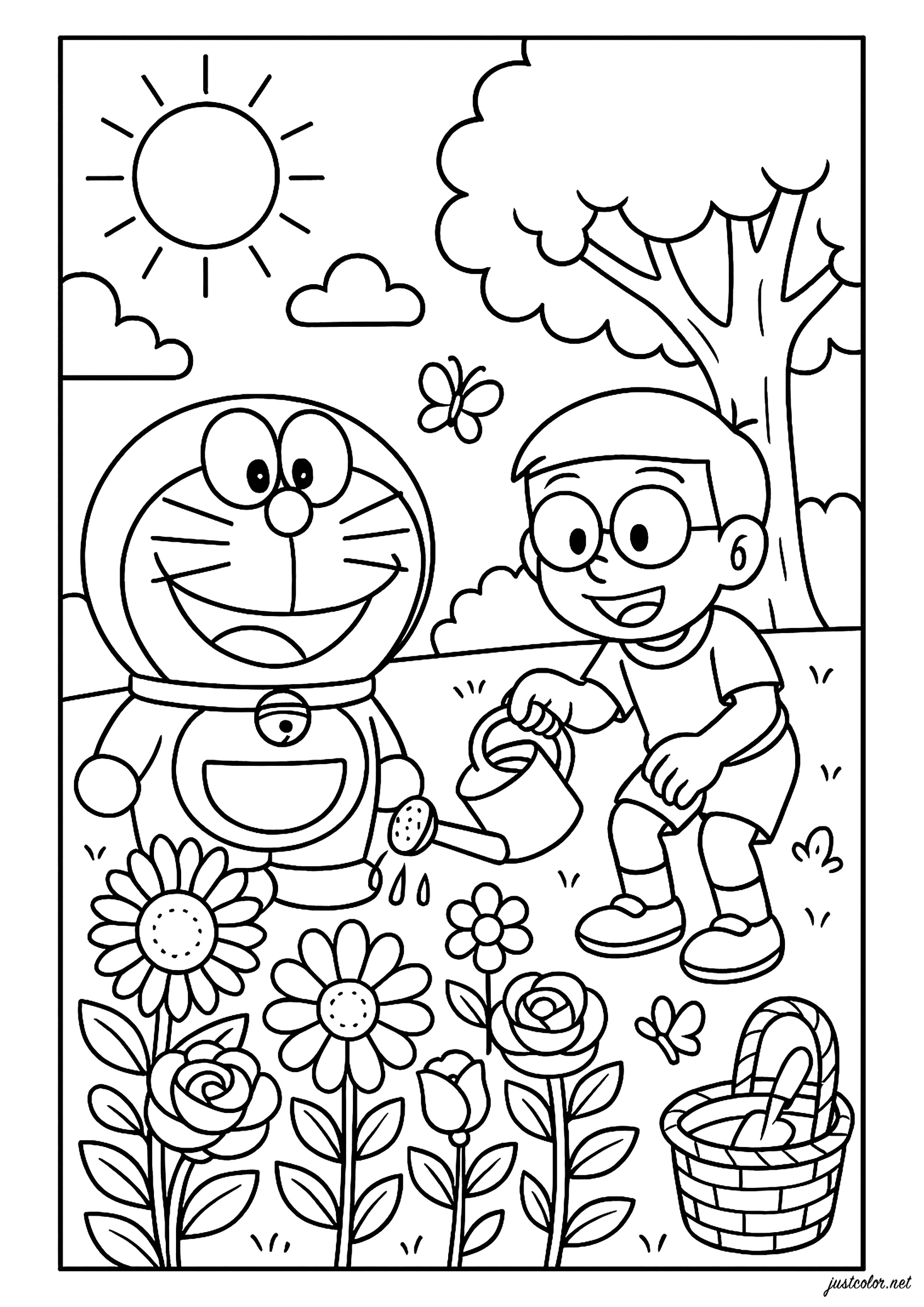 E seu amigo a jardinar (Página de Doraemon para colorir e imprimir para crianças)
