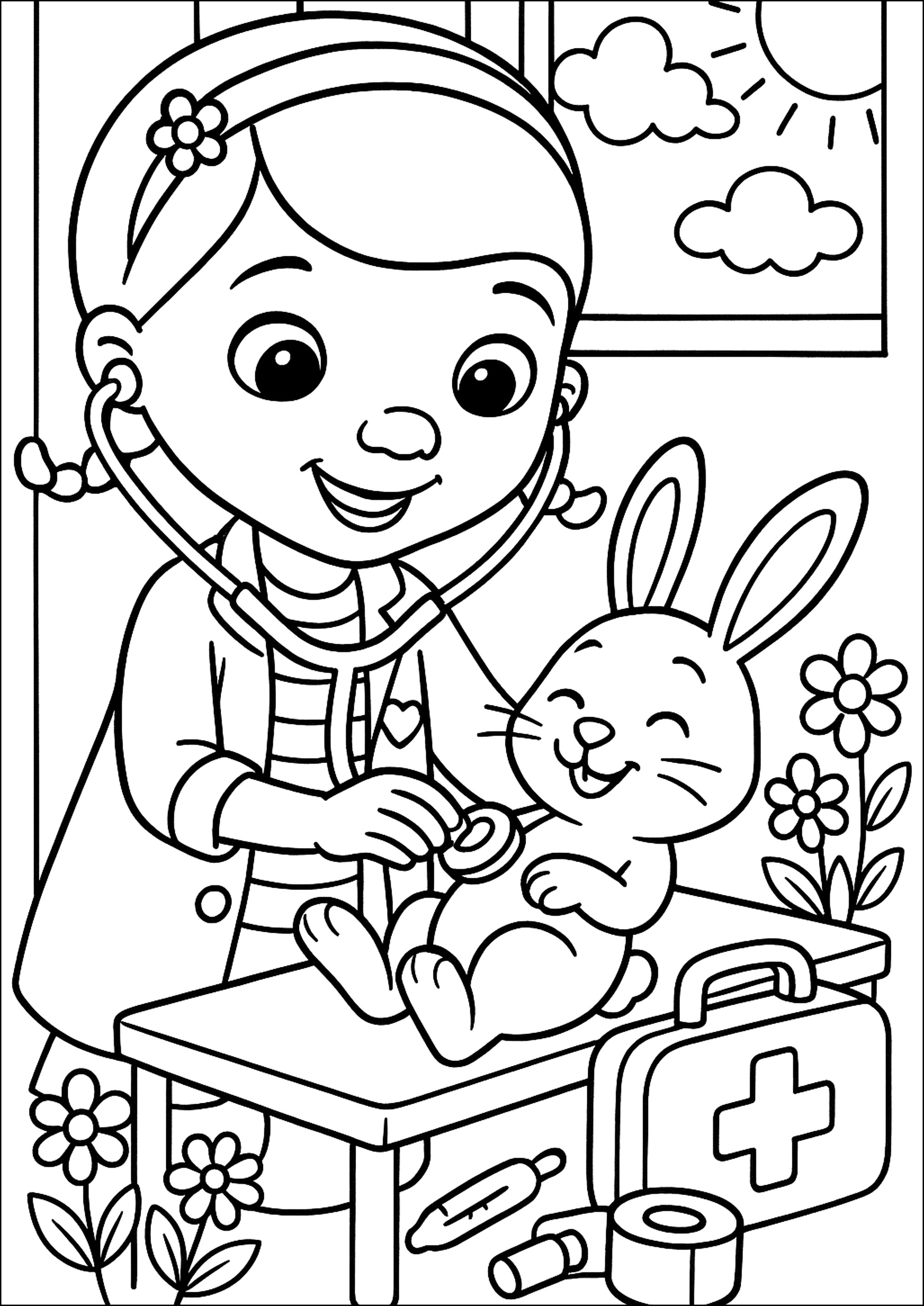 A jovem veterinária e um coelho (Página de Doutor Plush para colorir e imprimir para crianças)