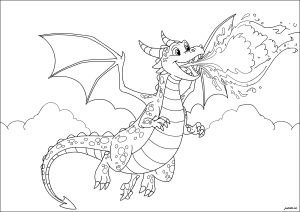 Página de Dragões para colorir e imprimir para crianças : Dragão no céu a cuspir fogo