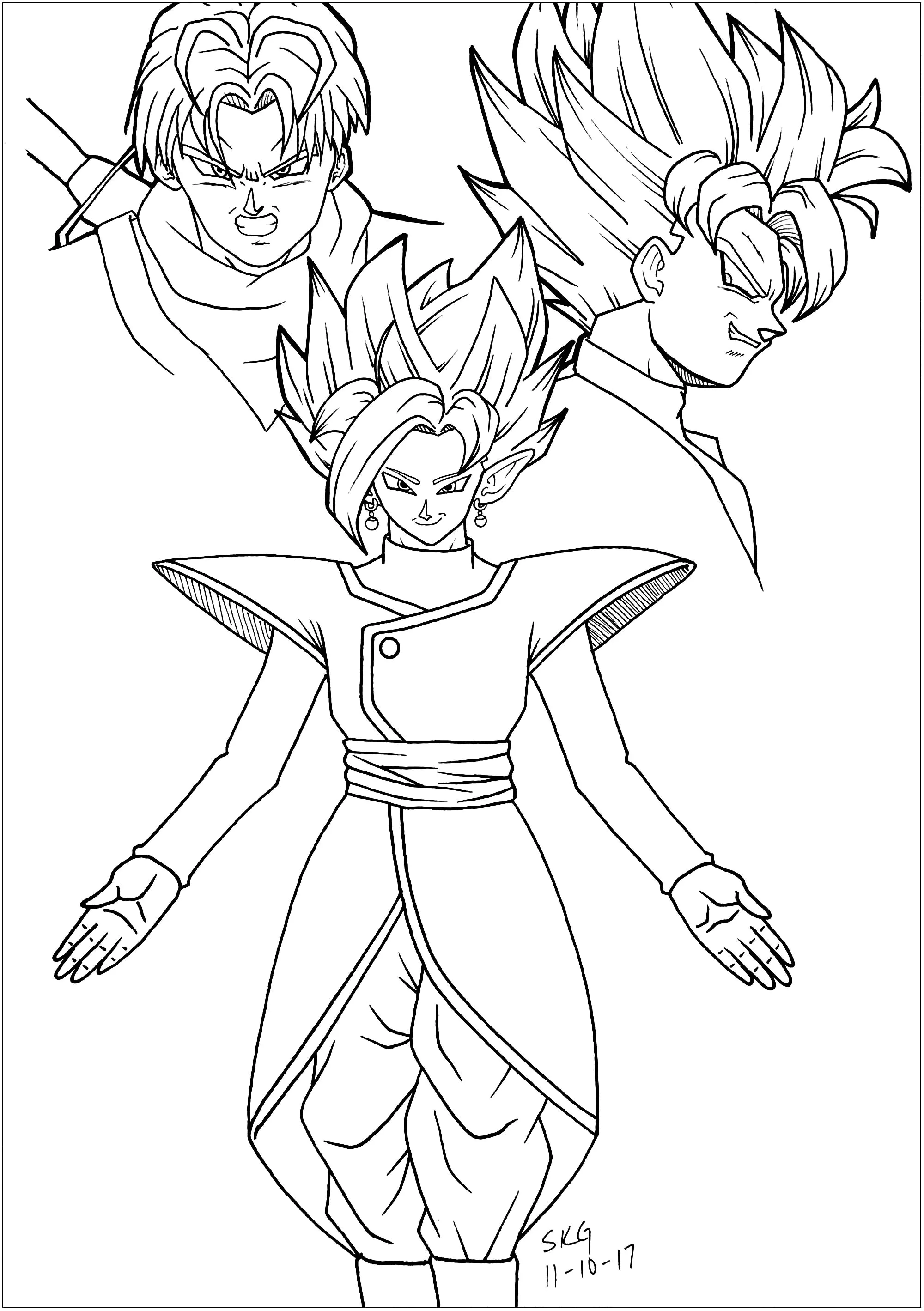Goku Negro, Trunks e Zamasu (Página de Dragon Ball Z para colorir e imprimir para crianças)