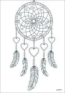 Apanhador de sonhos bonito com corações (Página de Dreamcatchers para colorir para crianças)