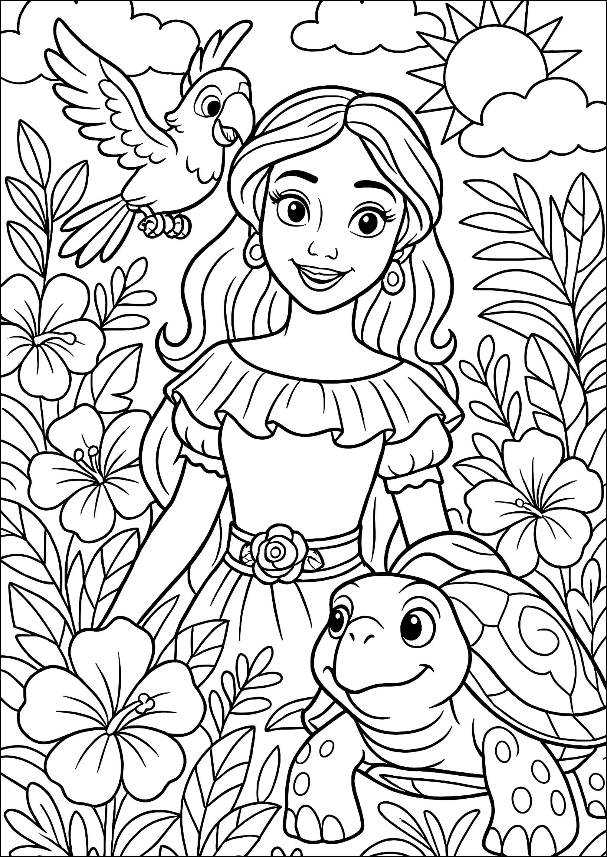 Encontro alegre na natureza (Página de Elena Avalor para colorir e imprimir para crianças)