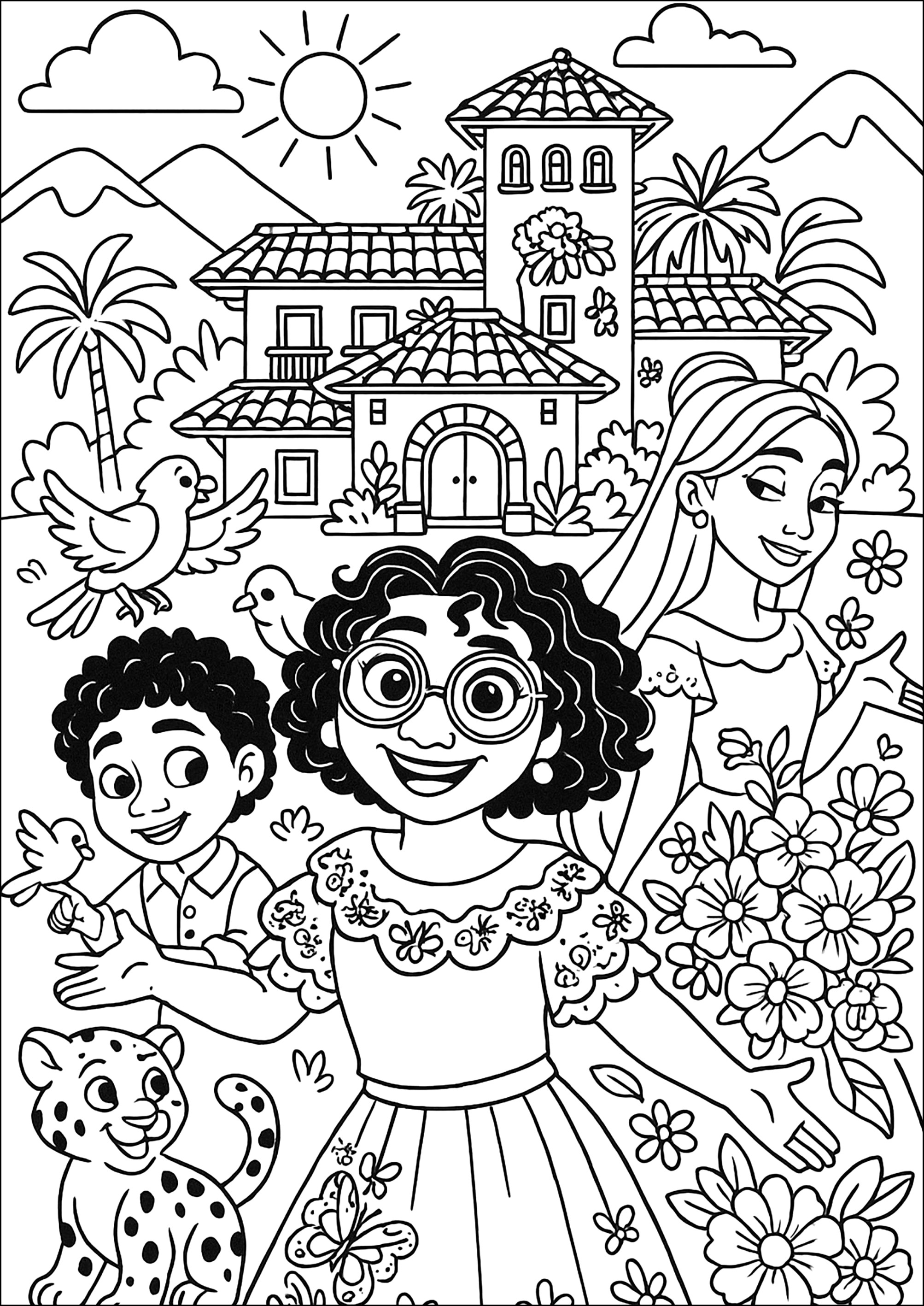 Alegre aventura em família (Página de Encanto para colorir e imprimir para crianças)