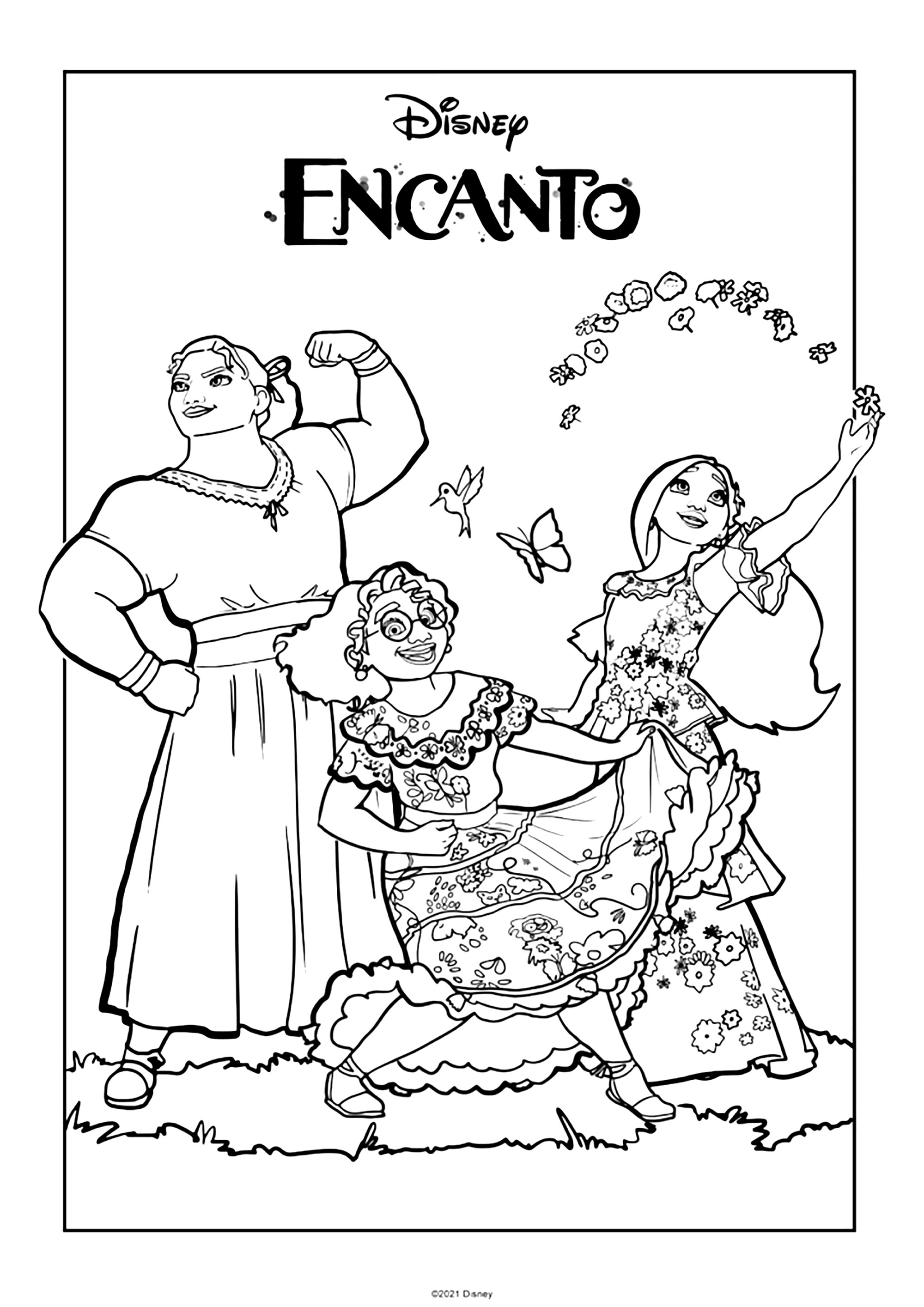 Coloriage d'Encanto : Mirabel, Isabela e Luisa Madrigal