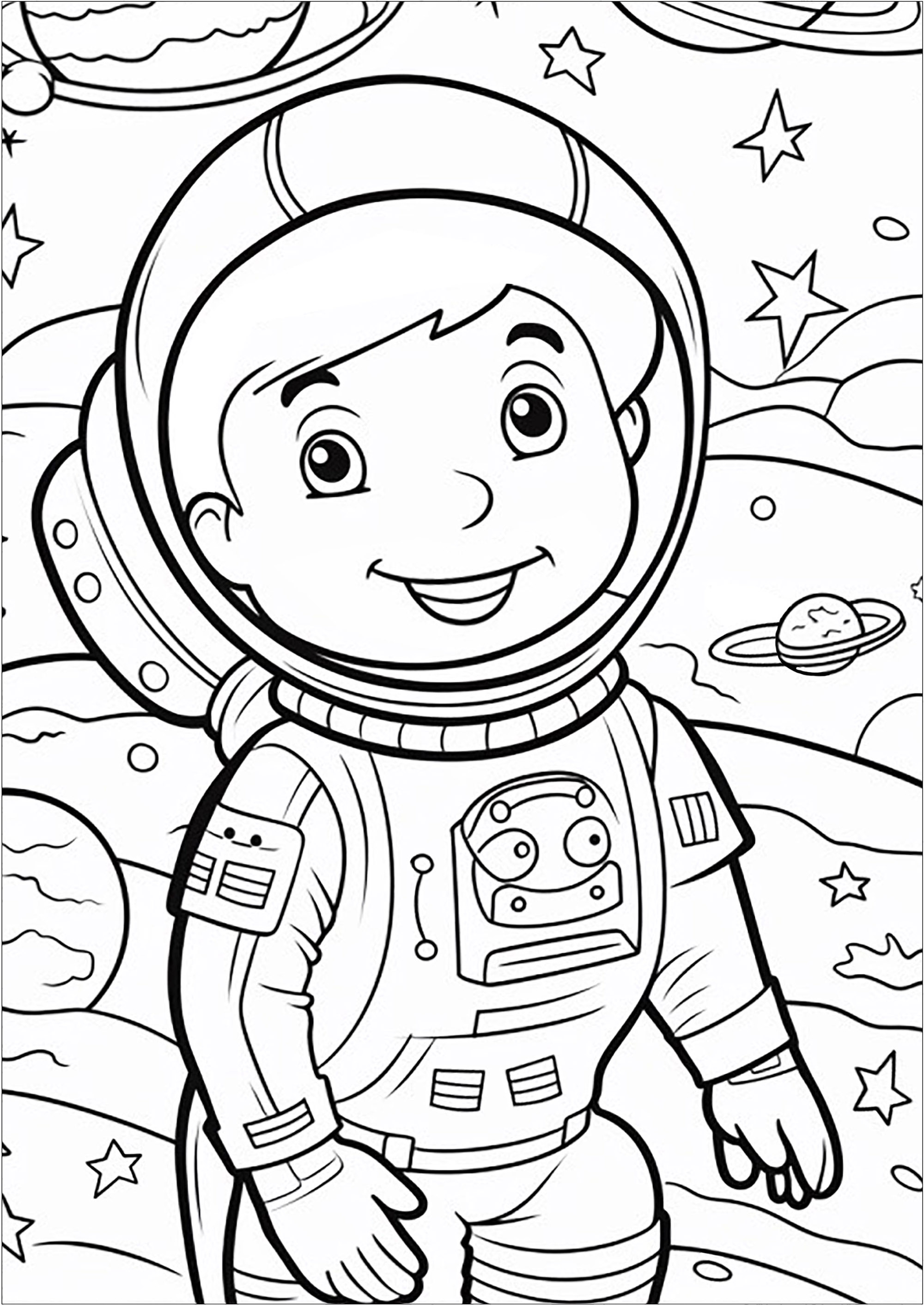 Jovem astronauta rodeado de planetas e estrelas. Esta página para colorir é perfeita para as crianças que sonham com o espaço! Mostra um pequeno astronauta a explorar o universo.
