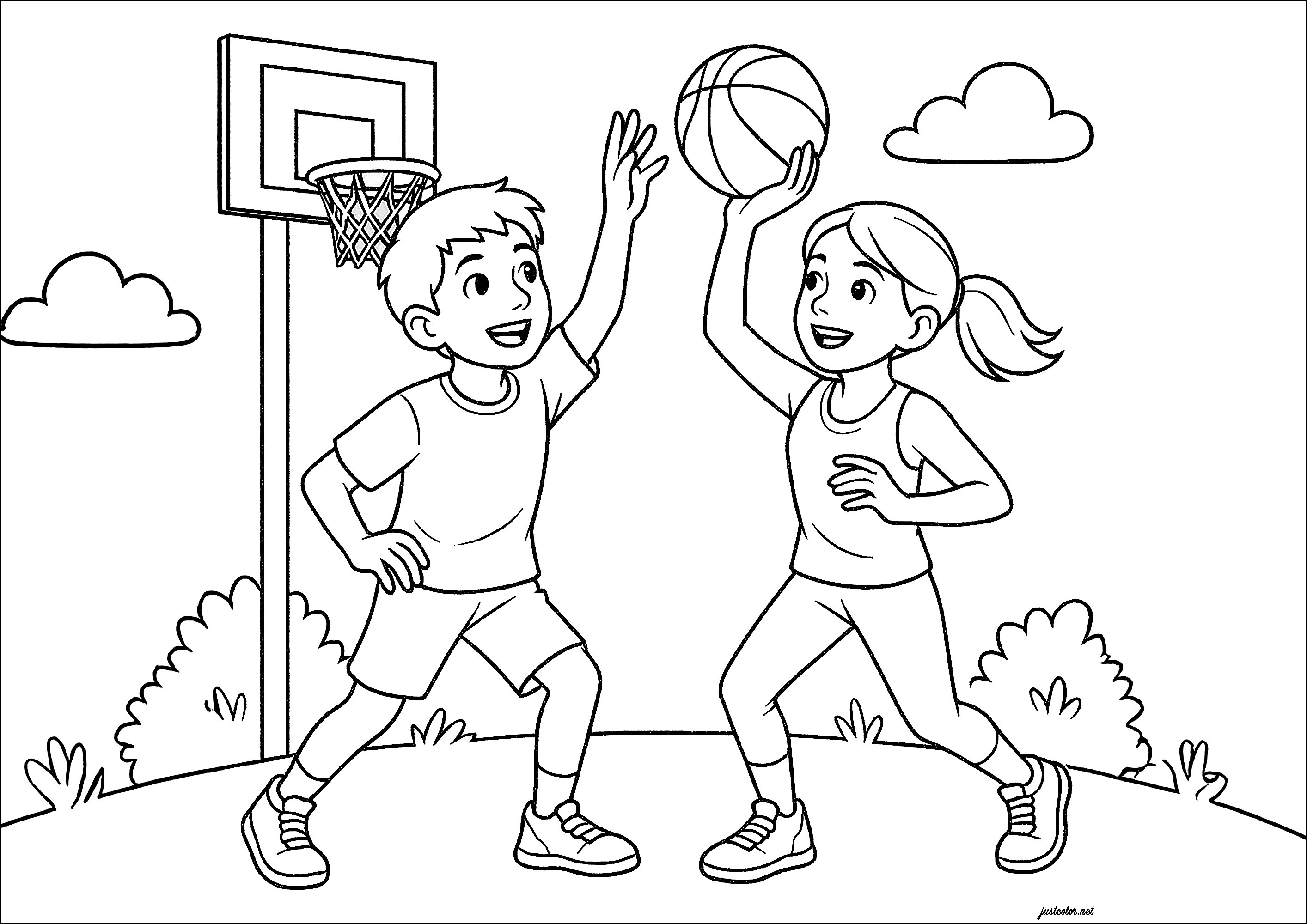 Jogo de basquetebol entre dois amigos (Página de Esportes para colorir e imprimir para crianças)