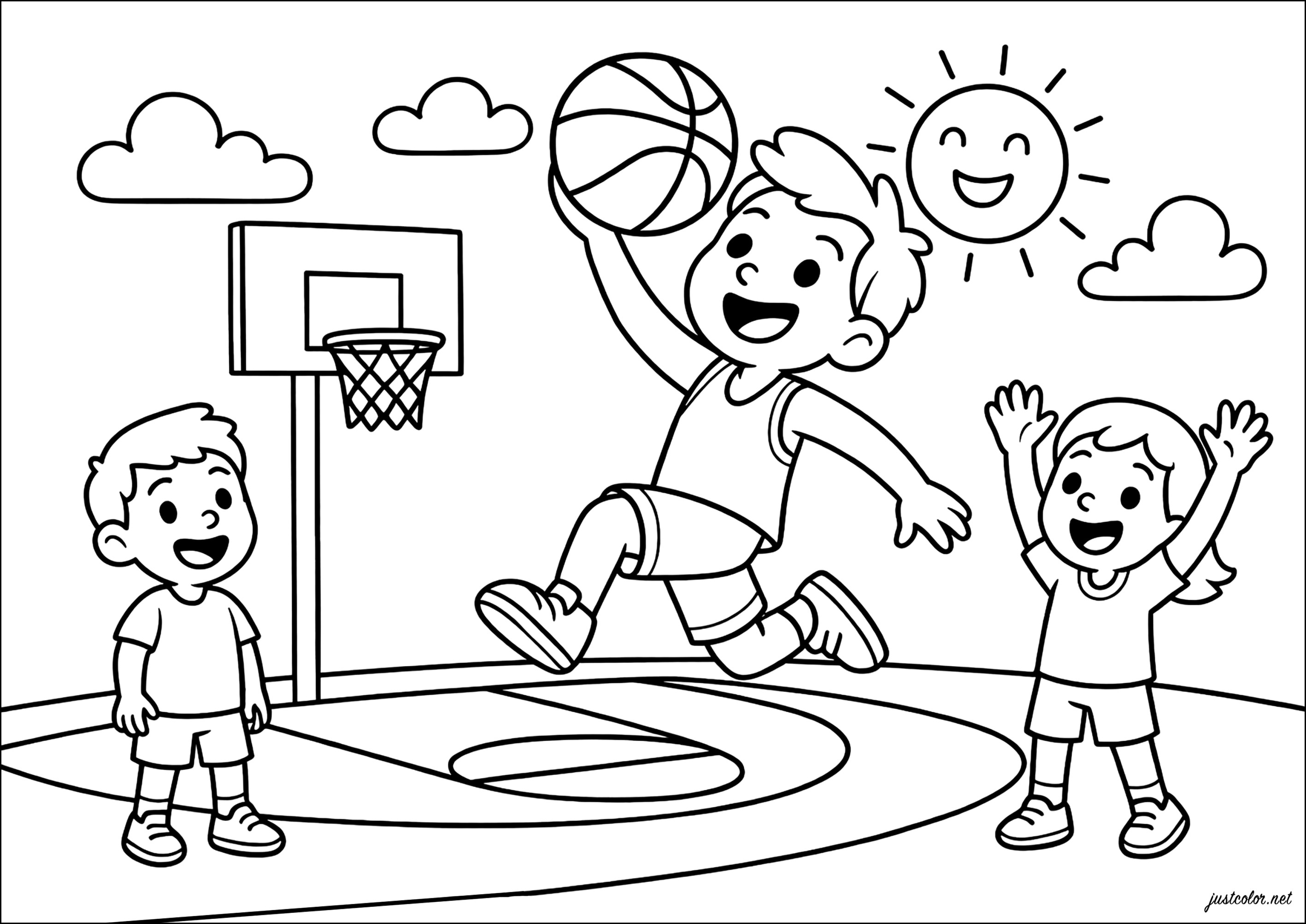 Jogadores de basquete em plena ação (Página de Esportes para colorir e imprimir para crianças)