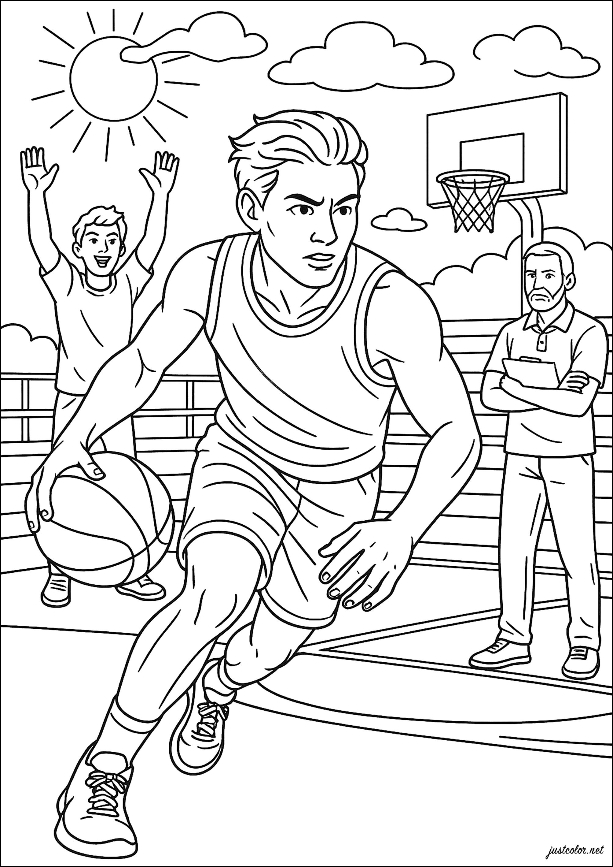 Jogador de Basquete em ação (Página de Esportes para colorir e imprimir para crianças)