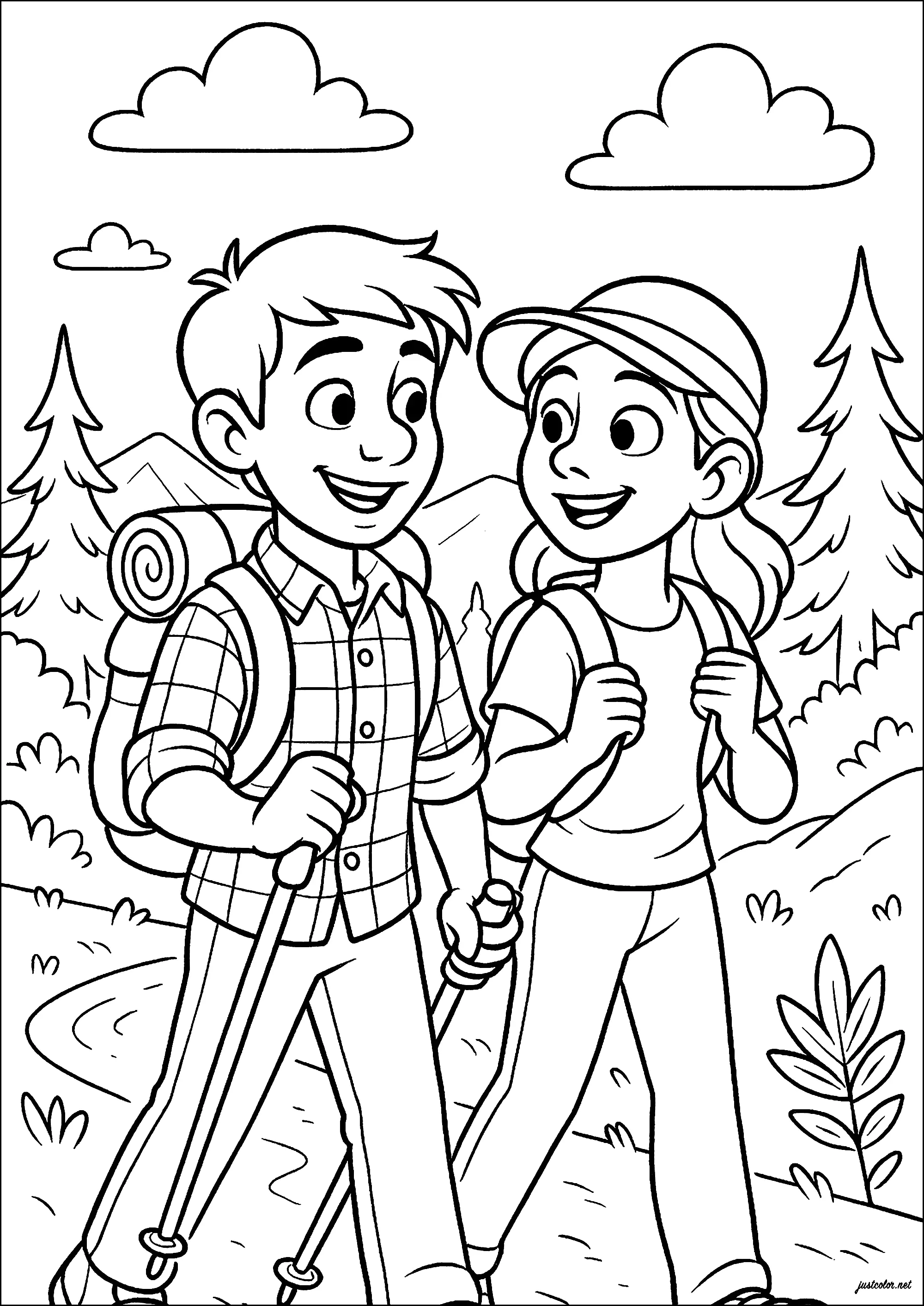 Jovem casal a fazer caminhadas nas montanhas e na floresta (Página de Esportes para colorir e imprimir para crianças)