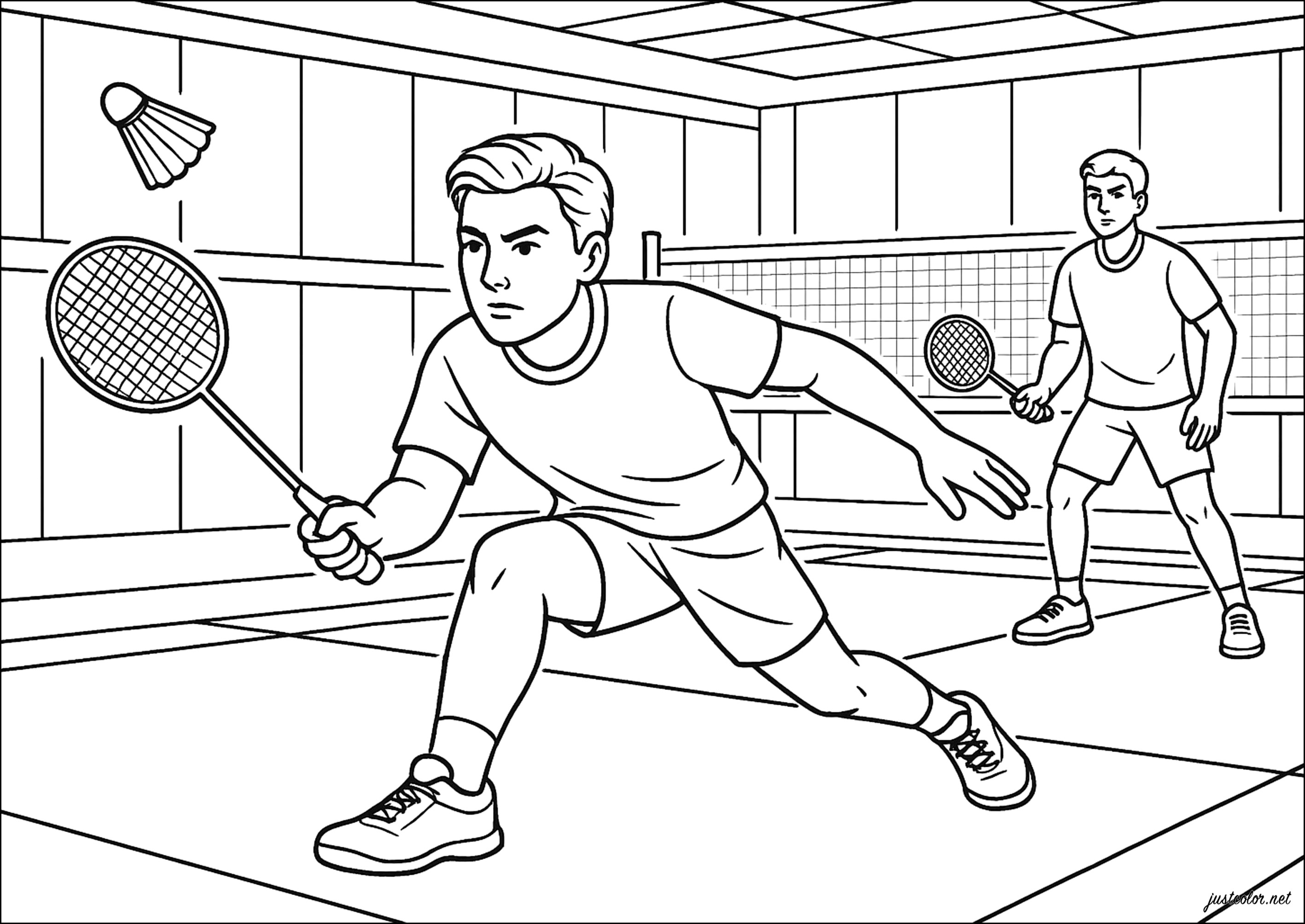 Partida de Badminton intensa na quadra (Página de Esportes para colorir e imprimir para crianças)