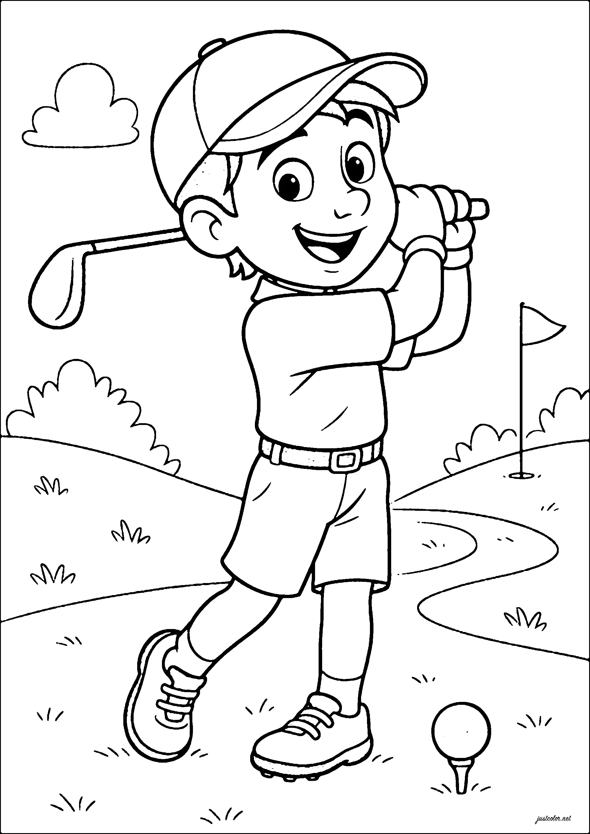 Rapaz a jogar golfe (Página de Esportes para colorir e imprimir para crianças)