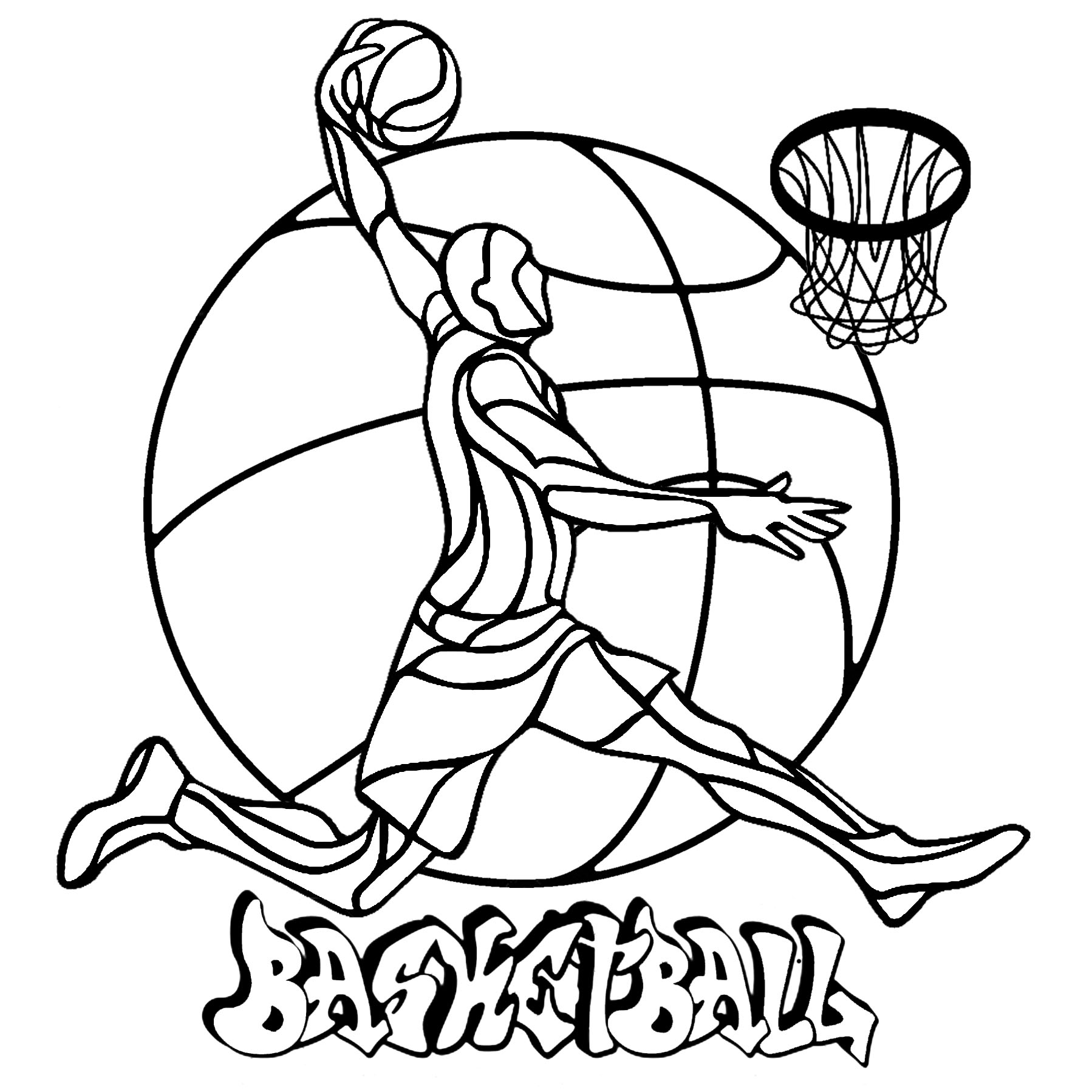 Uma página colorida de basquetebol com um jogador, um cesto, uma bola ao fundo, e 'Basquetebol' escrito em Graffiti