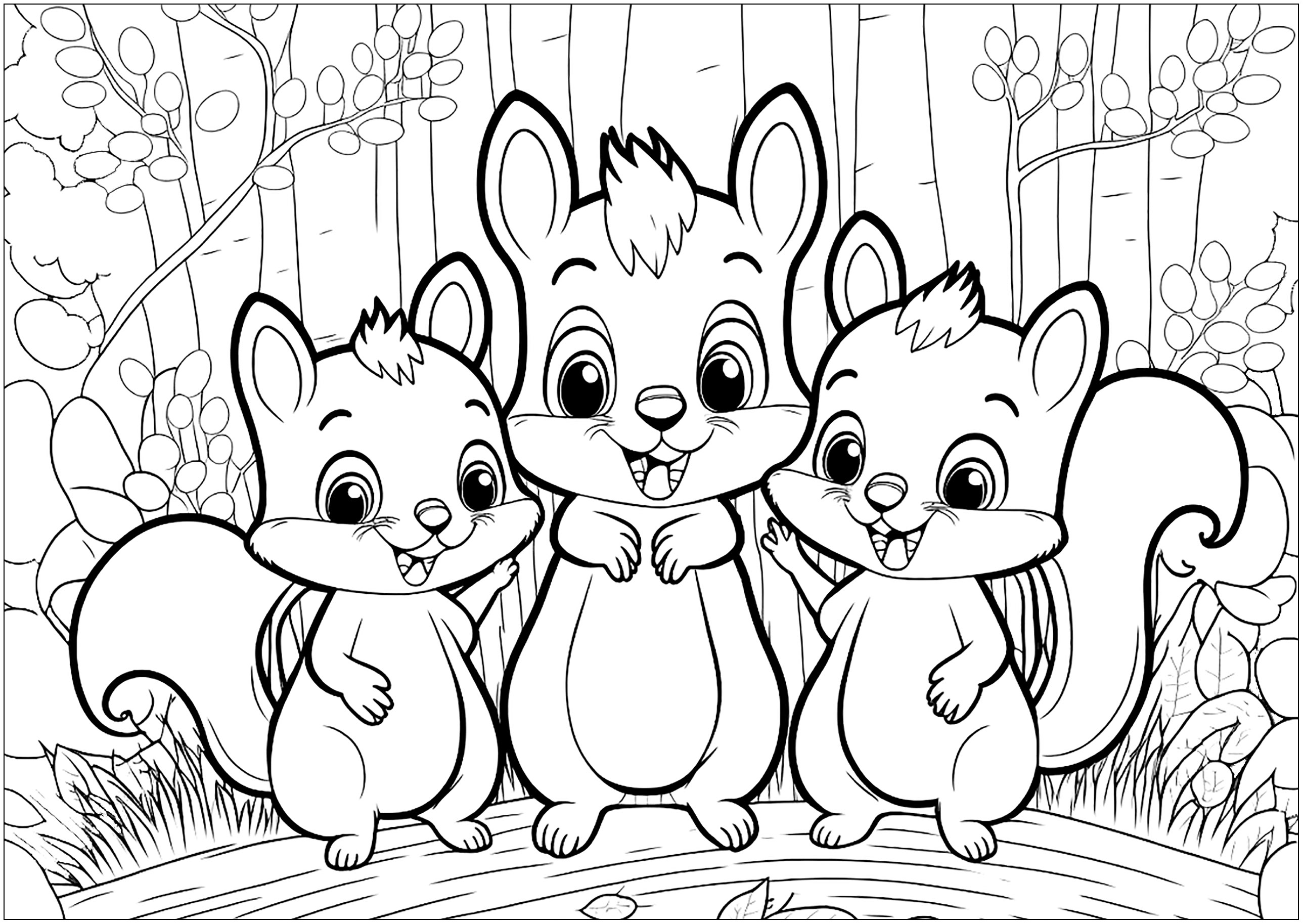 Três pequenos esquilos engraçados na floresta