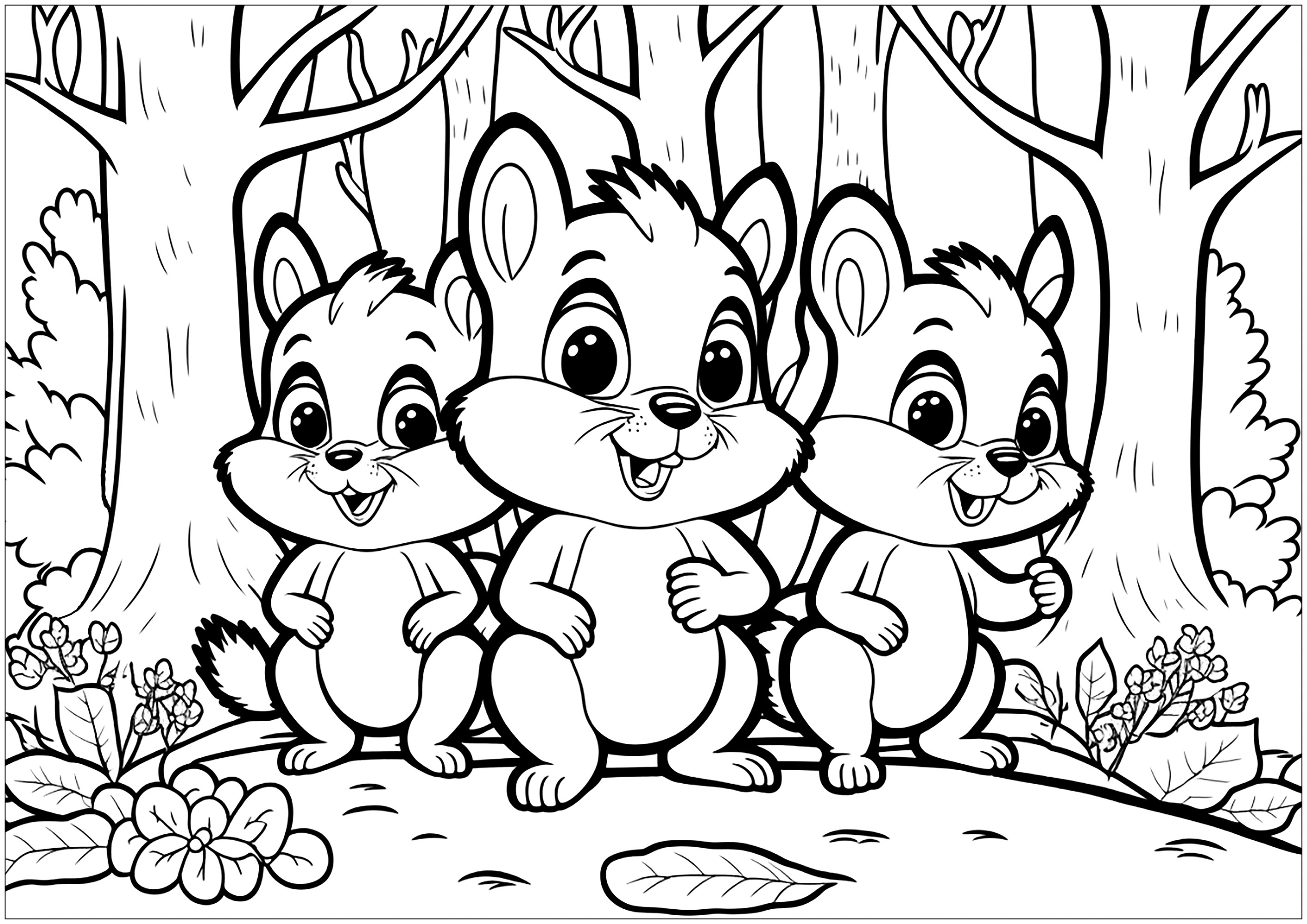 Três simpáticos esquilos na floresta