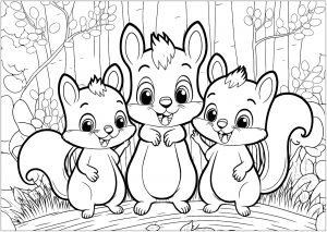 Três pequenos esquilos engraçados