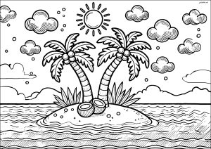 Página de Férias do mar para colorir e imprimir para crianças : Uma pequena ilha deserta com coqueiros