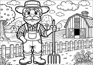 Página de Na Fazenda (tratores, fazendeiro, animais...) para colorir e imprimir para crianças : O velho agricultor e a sua forquilha