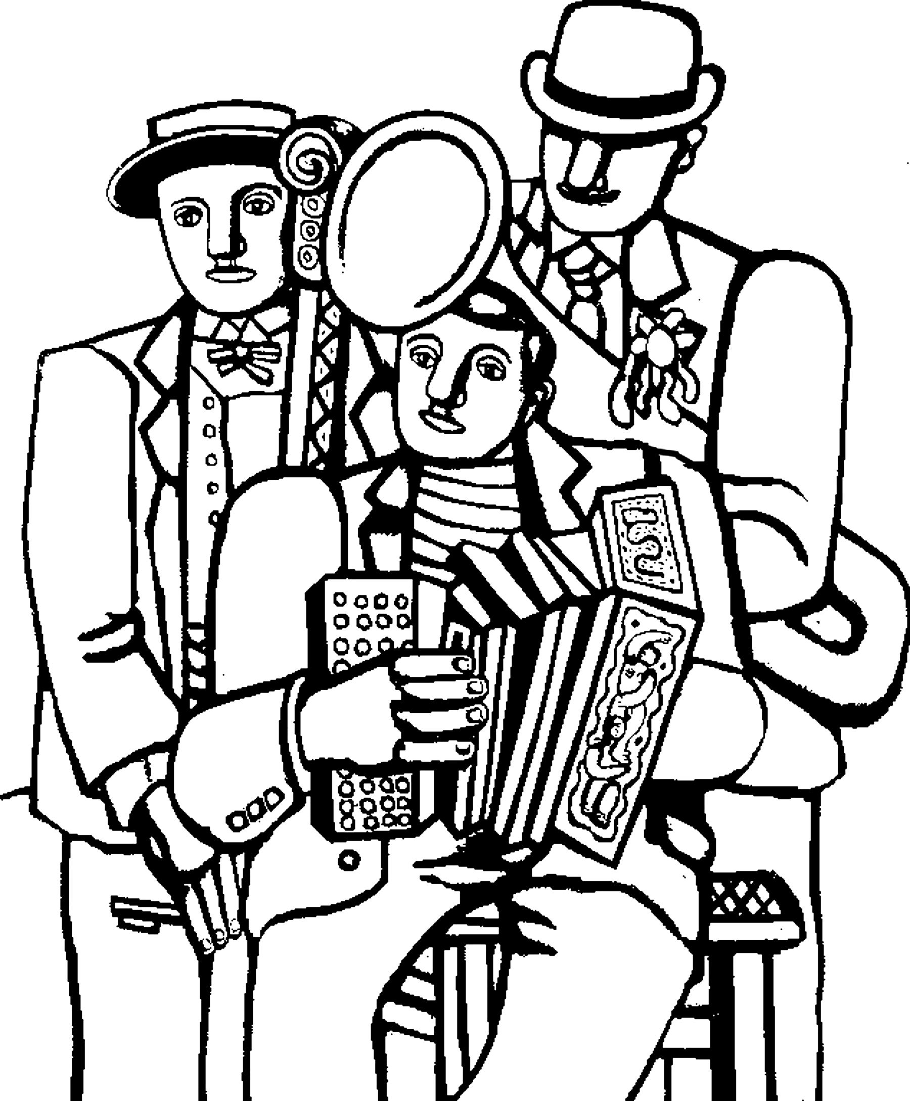 Coloração criada a partir da pintura de Fernand Léger: Três músicos (ca. 1930)