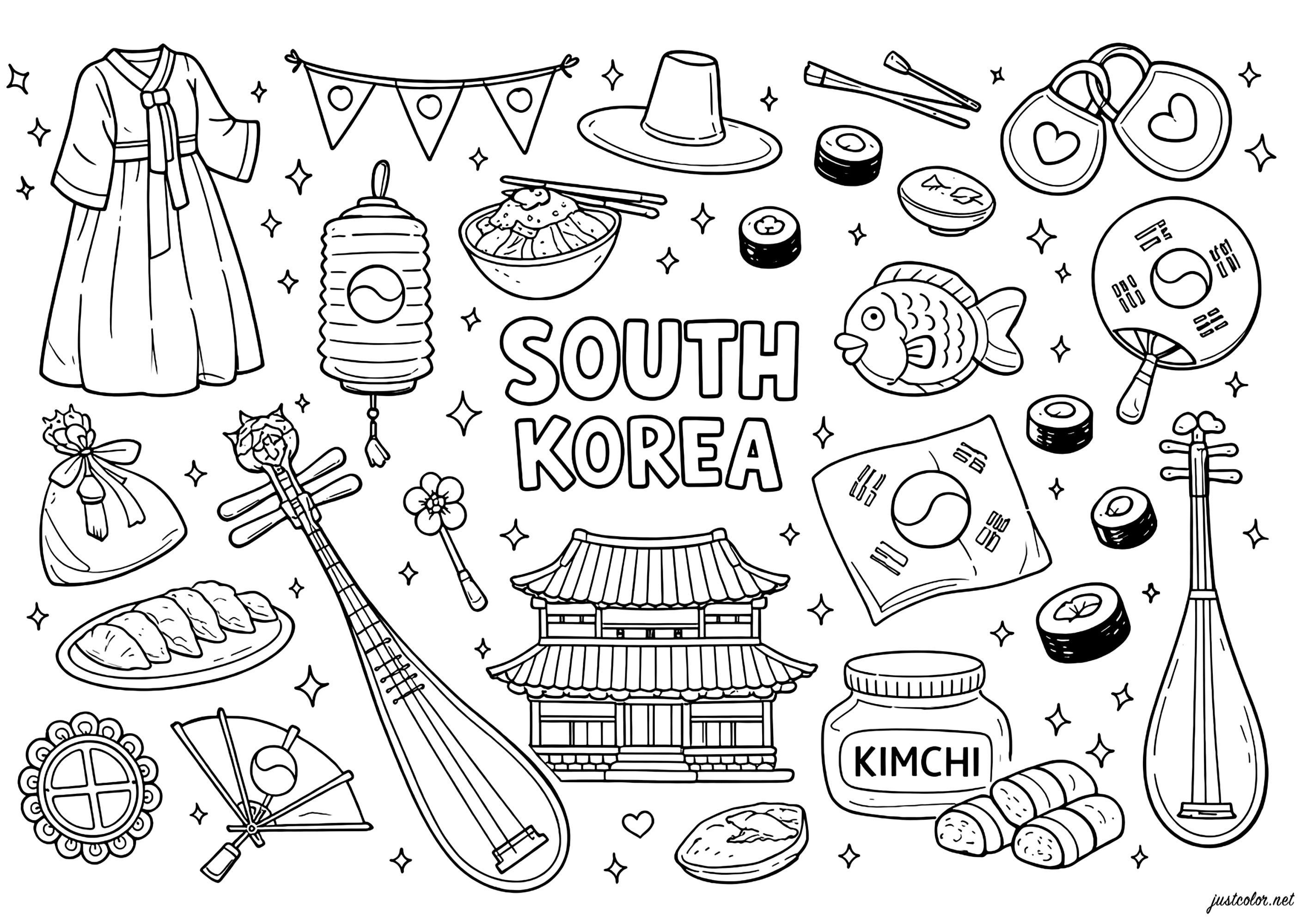 Cultura vibrante da Coreia do Sul (Página de Festivais e tradições coreanas para colorir e imprimir para crianças)