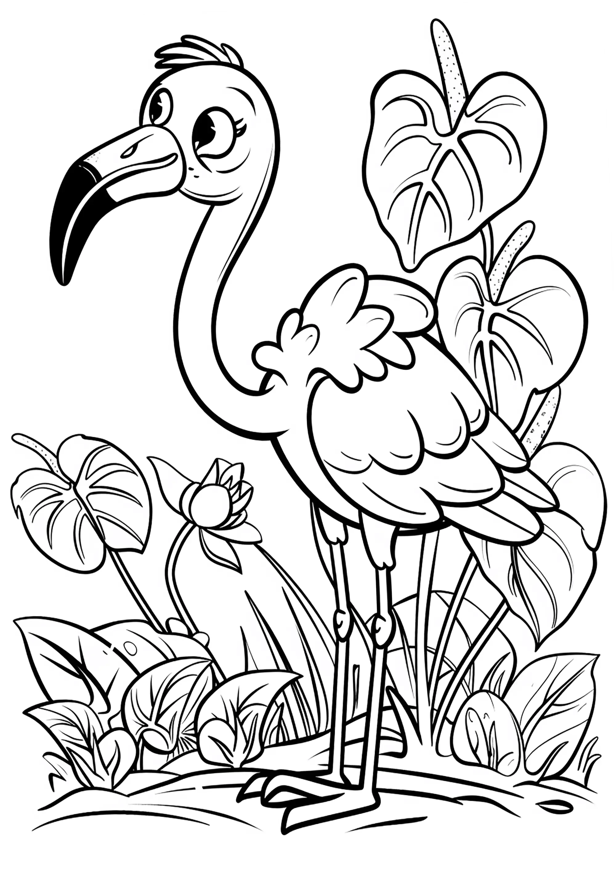 Flamingo cor-de-rosa em modo de desenho animado (Página para colorir e imprimir para crianças)