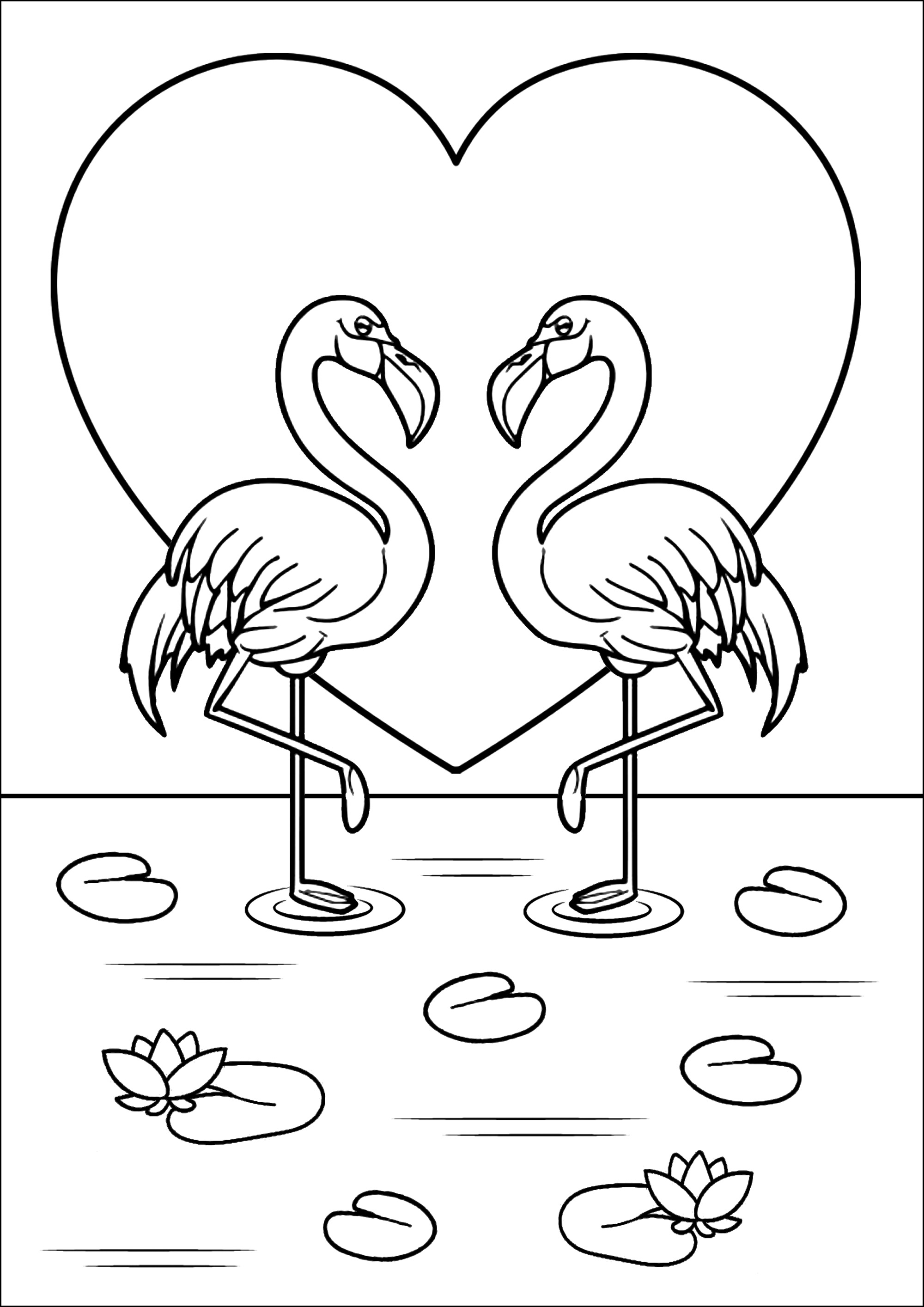 Página de para colorir para crianças : Flamingos cor-de-rosa com um bonito coração no fundo Página de para colorir e imprimir para crianças : Flamingos cor-de-rosa com um bonito coração no fundo