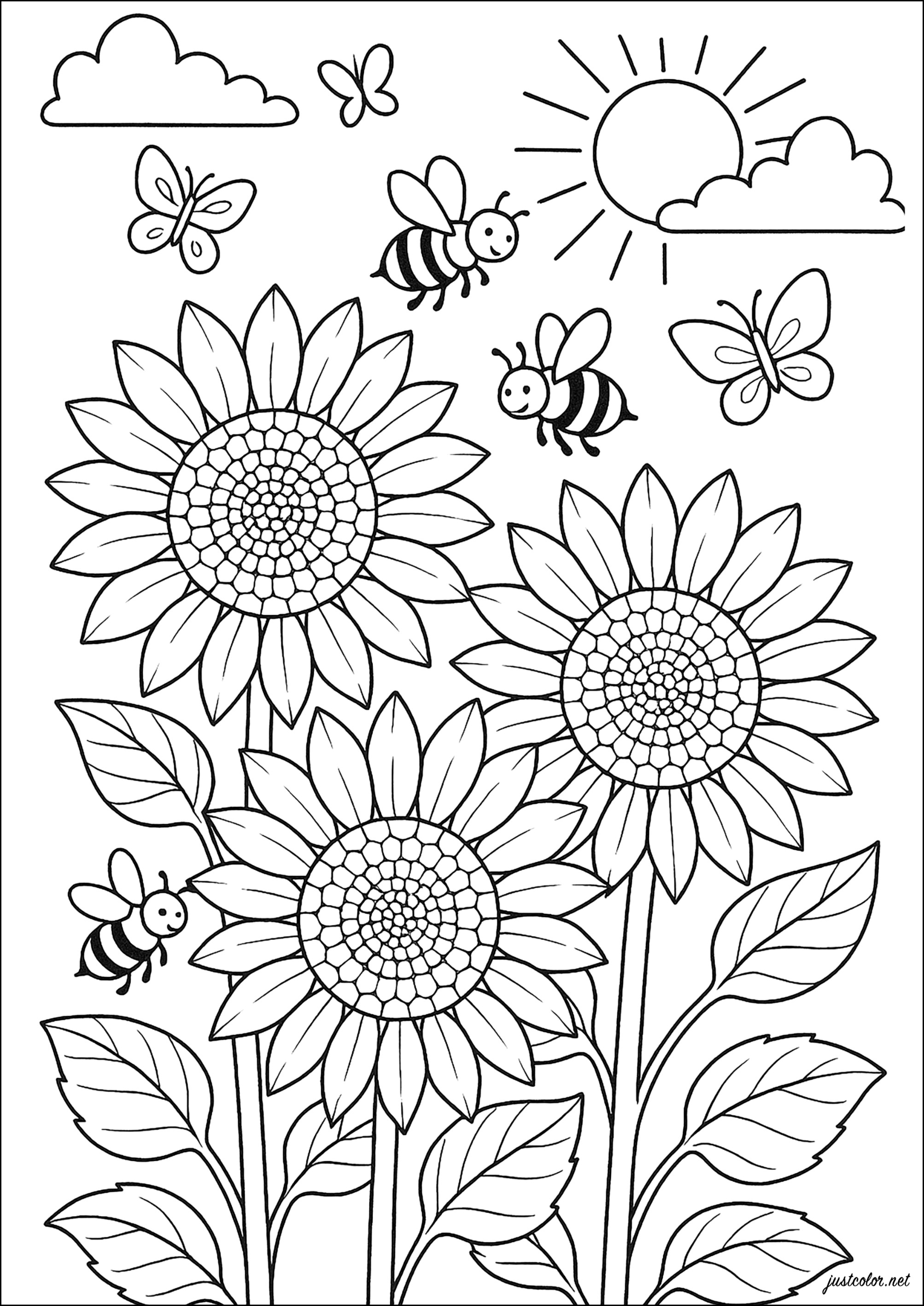 Girassóis e abelhas (Página de Flores para colorir e imprimir para crianças)
