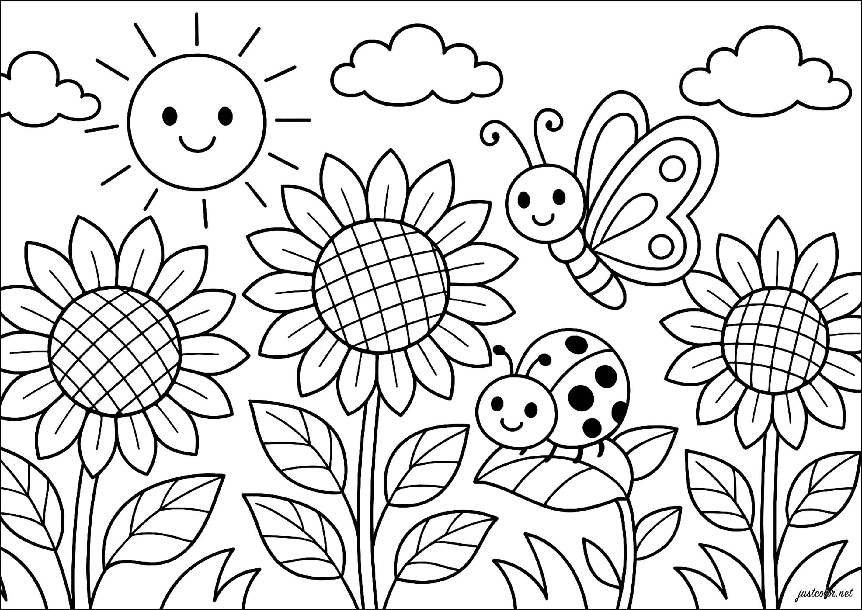 Jardim ensolarado cheio de vida (Página de Flores para colorir e imprimir para crianças)