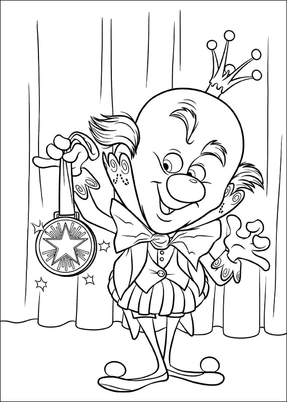 O estranho Rei dos Doces com a medalha da corrida automóvel (Página de Força Ralph para colorir e imprimir para crianças)