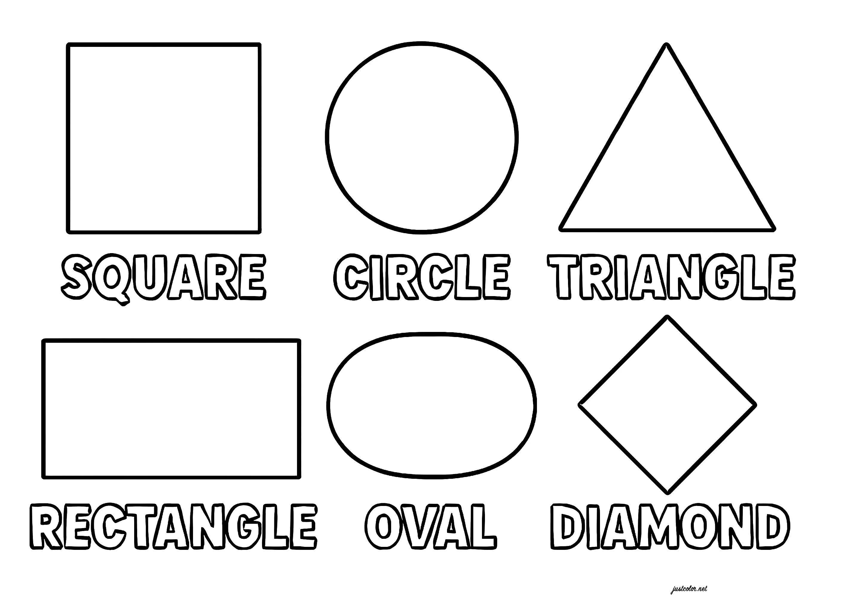 6 Formas geométricas (textos em inglês) (Página para colorir e imprimir para crianças)