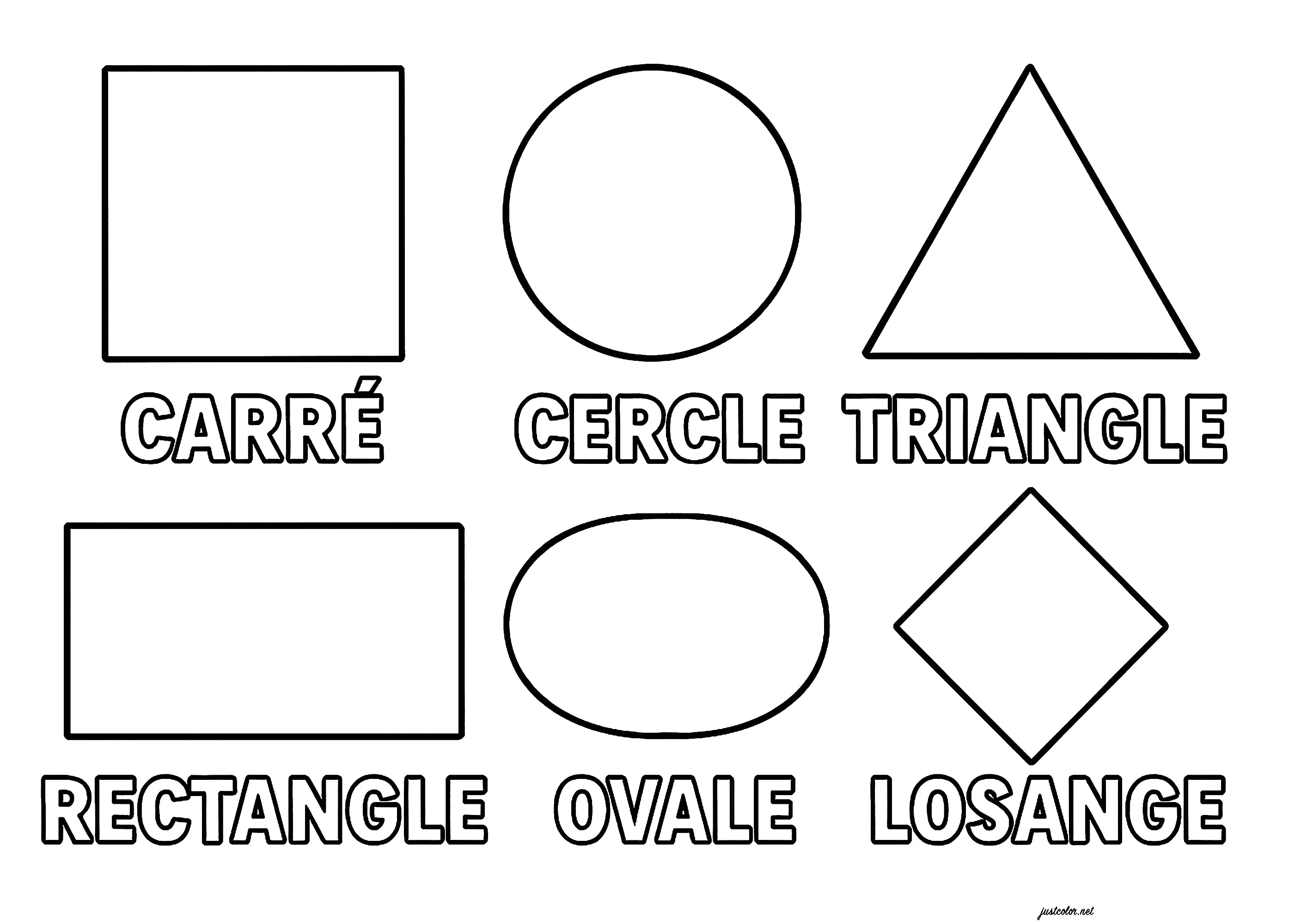 6 Formas geométricas (textos em francês) (Página para colorir e imprimir para crianças)