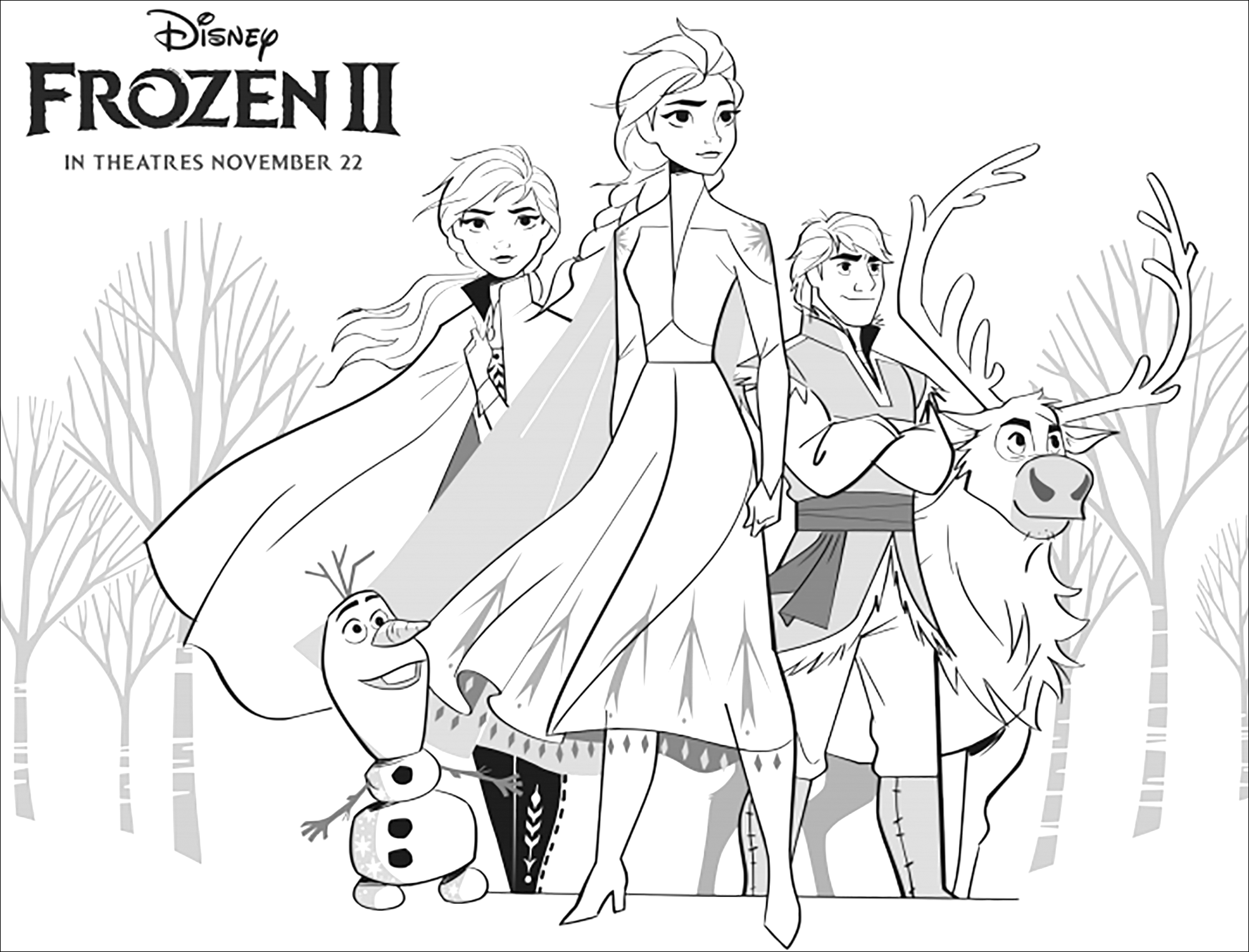 Elsa, Anna, Olaf, Sven, Kristoff reunidos em Disney's Frozen: O Reino do Gelo 2 (versão com texto)