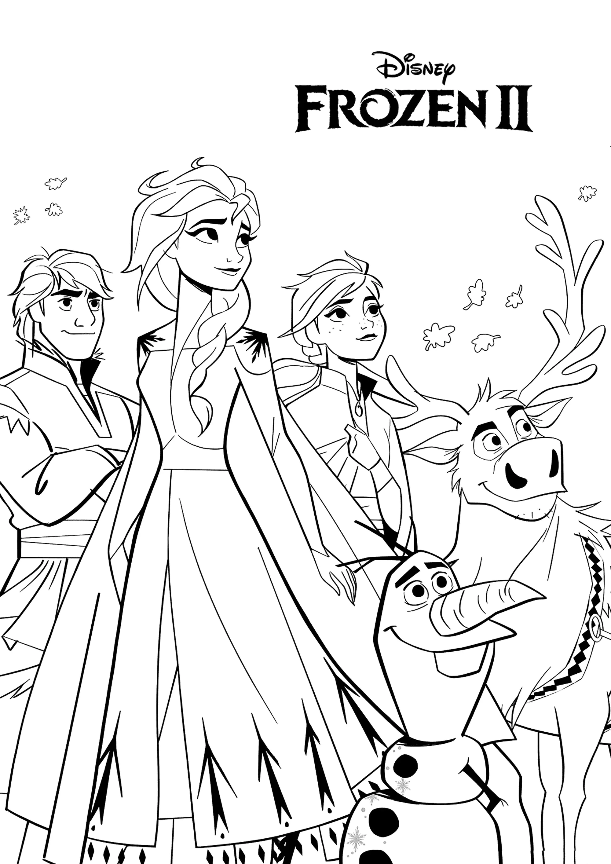 Olaf, Anna, Elsa, Sven e Kristoff (Página de Frozen : O Reino do Gelo 2 para colorir e imprimir para crianças)