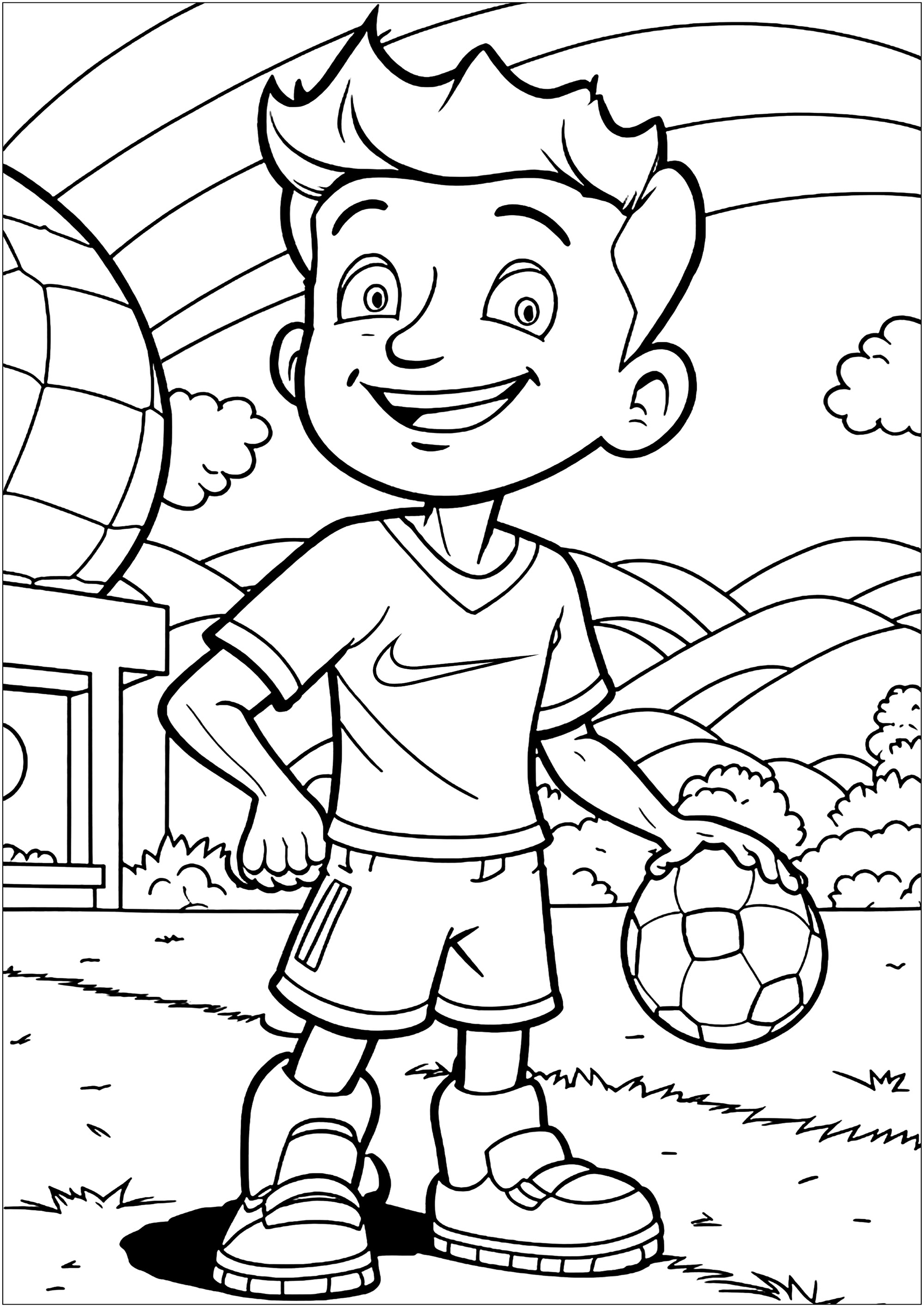 Coloração de um jovem futebolista no seu campo. Os pequenos artistas podem divertir-se a escolher cores para a camisola Futeboleur, o belo logotipo da Nike, a bola e o campo.
