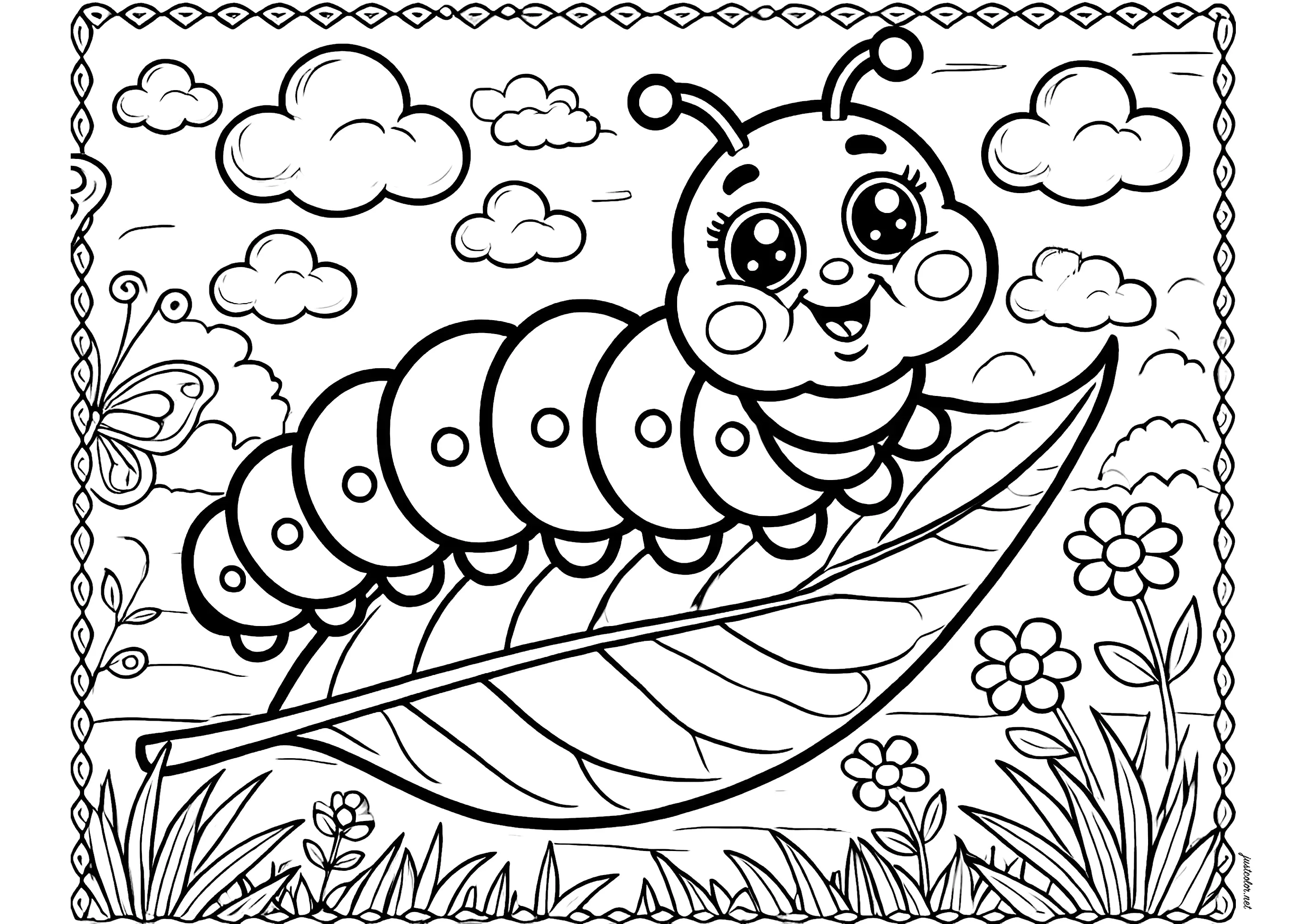 Lagarta bonita e sorridente numa folha (Página de Inspetor Bugiganga para colorir e imprimir para crianças)