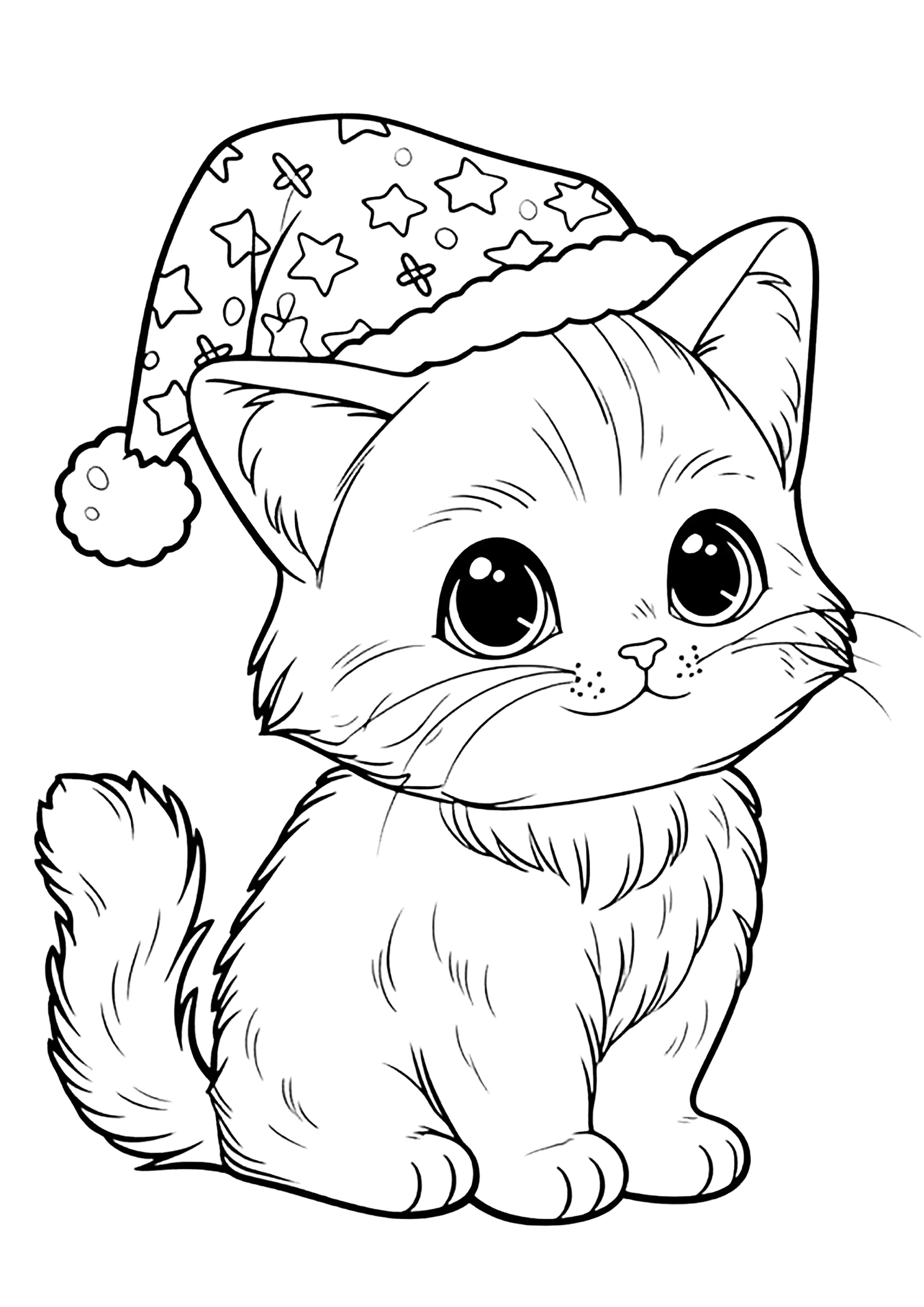 Gatinho giro com um chapéu de feiticeiro (Página de Gatos para colorir e imprimir para crianças)