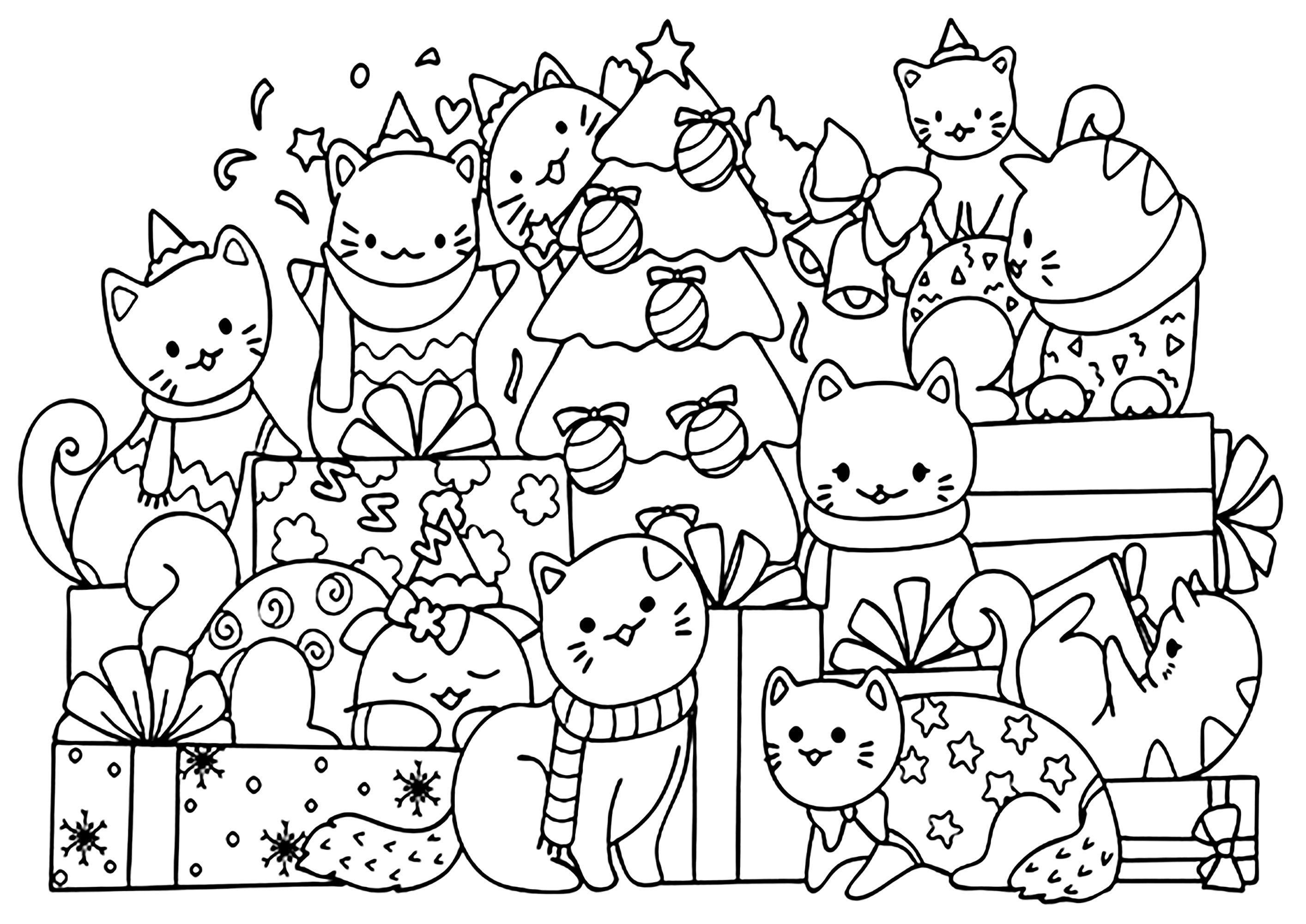 Páginas para colorir de gatos de Natal, folhas fáceis e