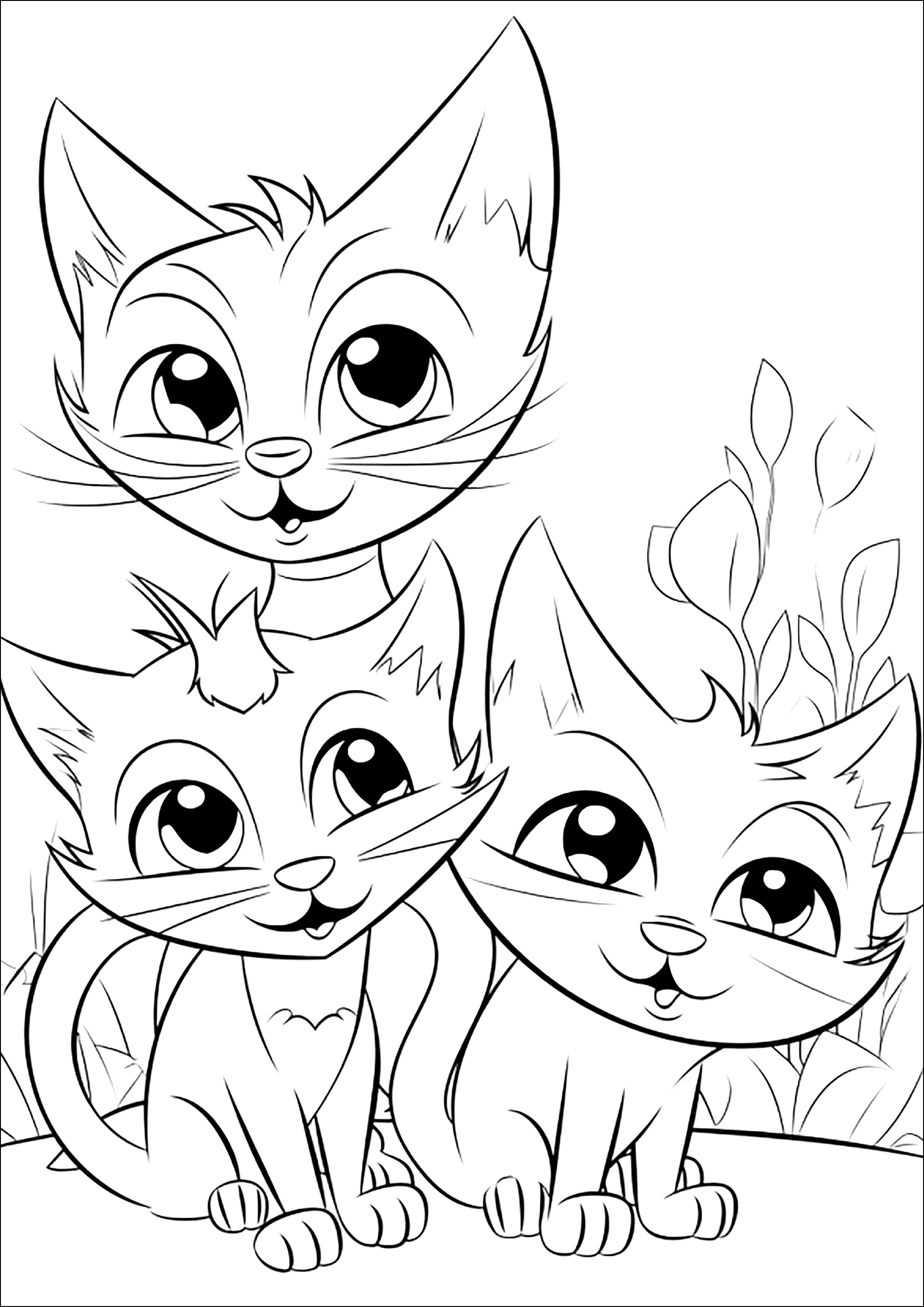 Três Gatos brincalhões. Coloração muito simples, com alguns pormenores de plantas no fundo