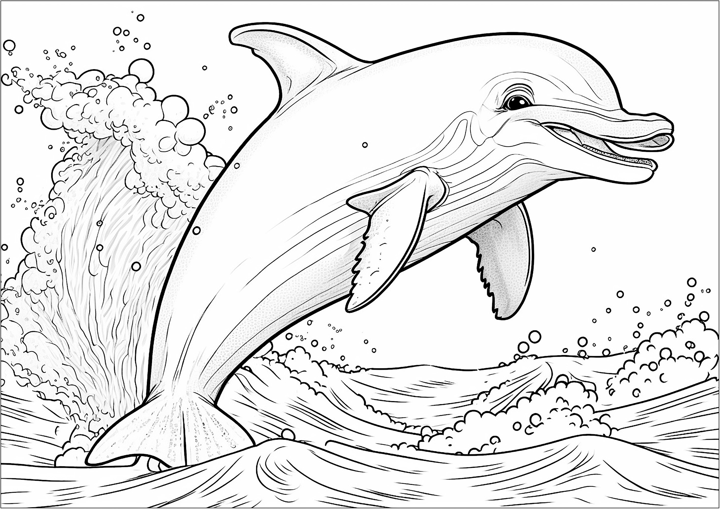 Coloração de um golfinho saltando fora de água. Esta página de coloração é perfeita para crianças que adoram animais marinhos. O desenho mostra um golfinho sorridente a saltar alegremente para fora da água.