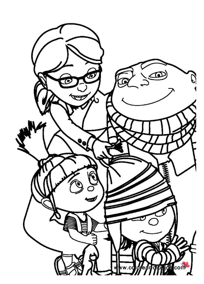Gru e as suas filhas adoptivas num desenho com linhas grossas para não se sobressaírem