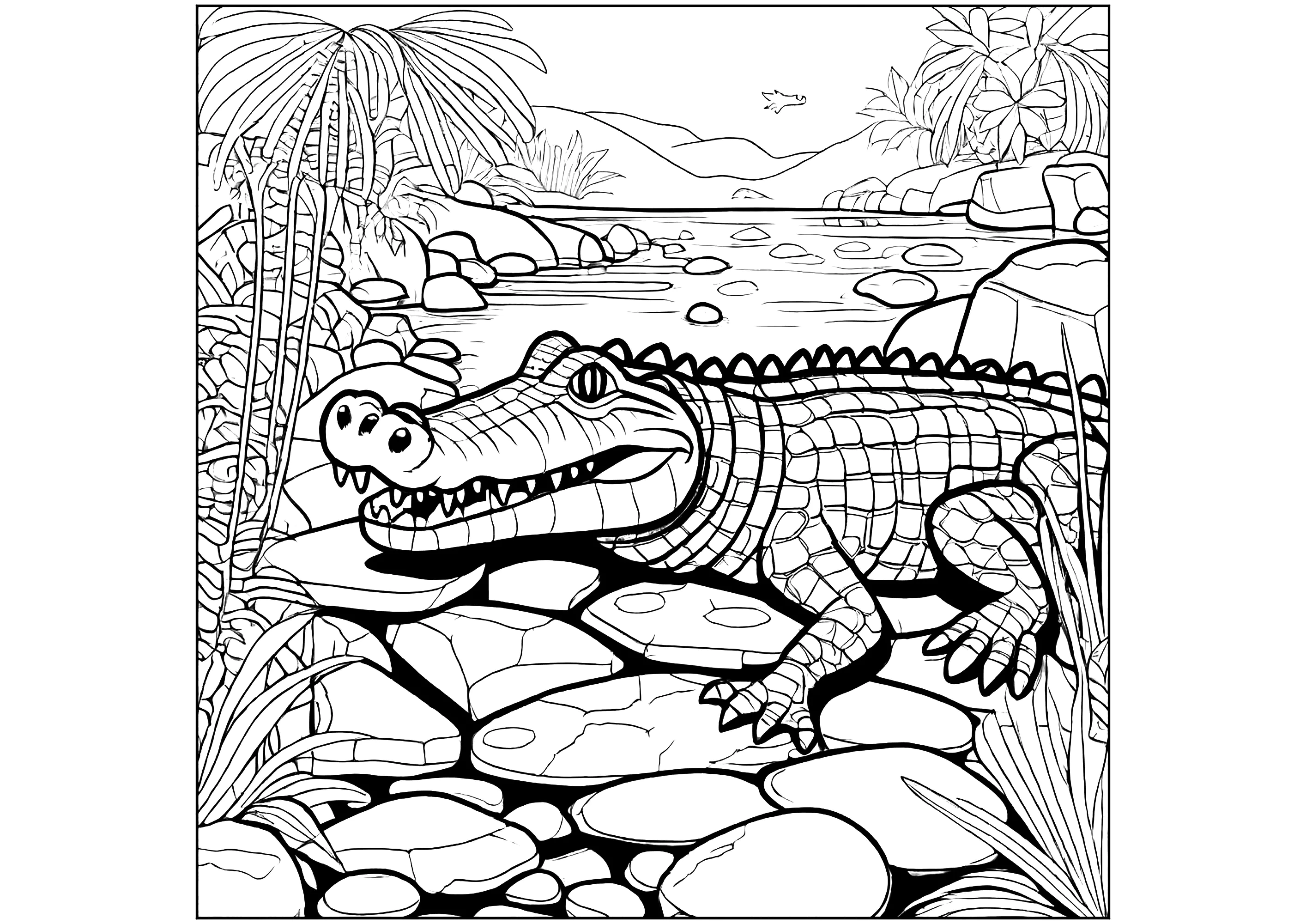 Crocodilo à espreita (Página para colorir e imprimir para crianças)