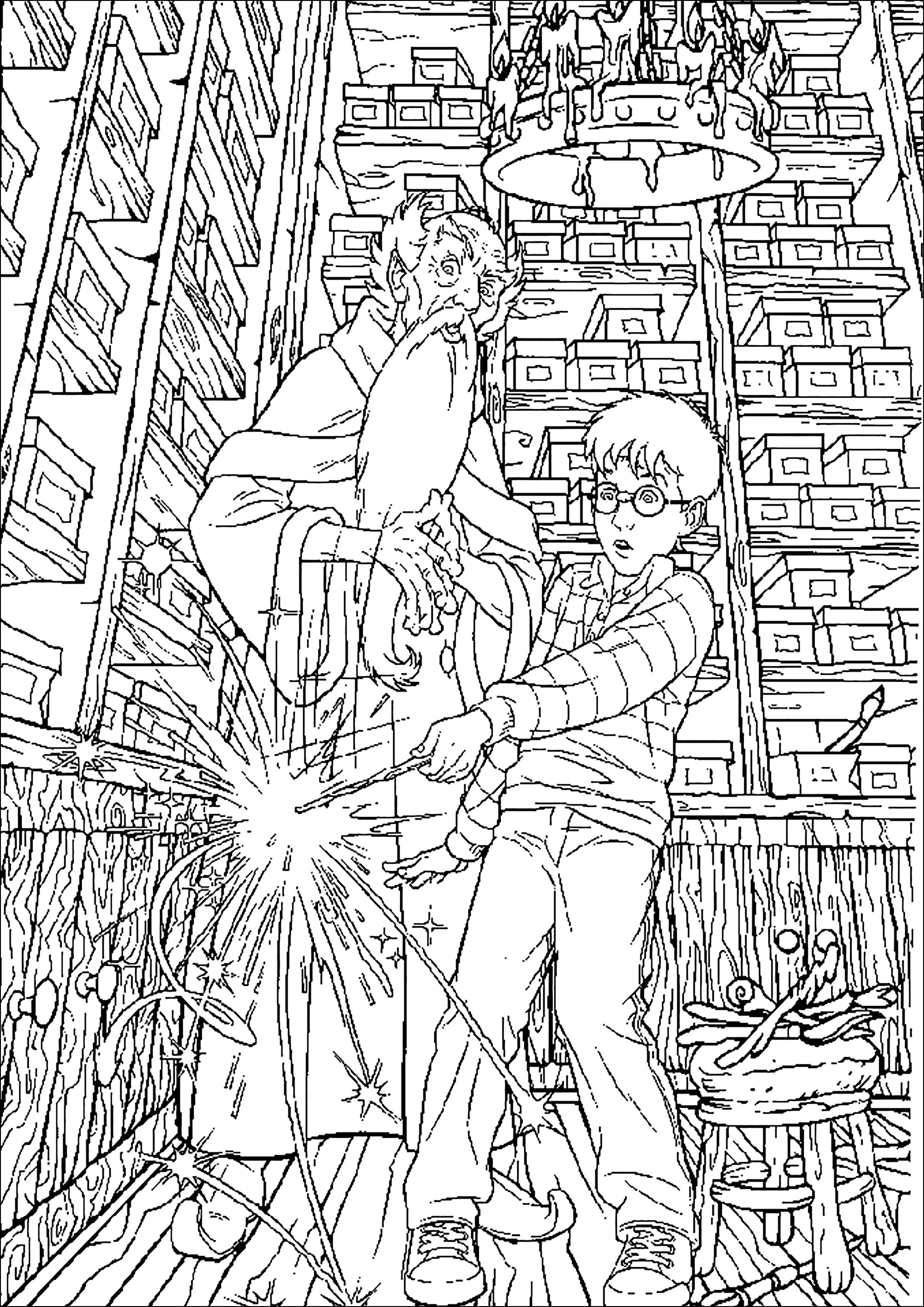 Harry Potter em Ollivander's, o fabricante de varinhas no Chemin de Traverse (Página para colorir e imprimir para crianças)