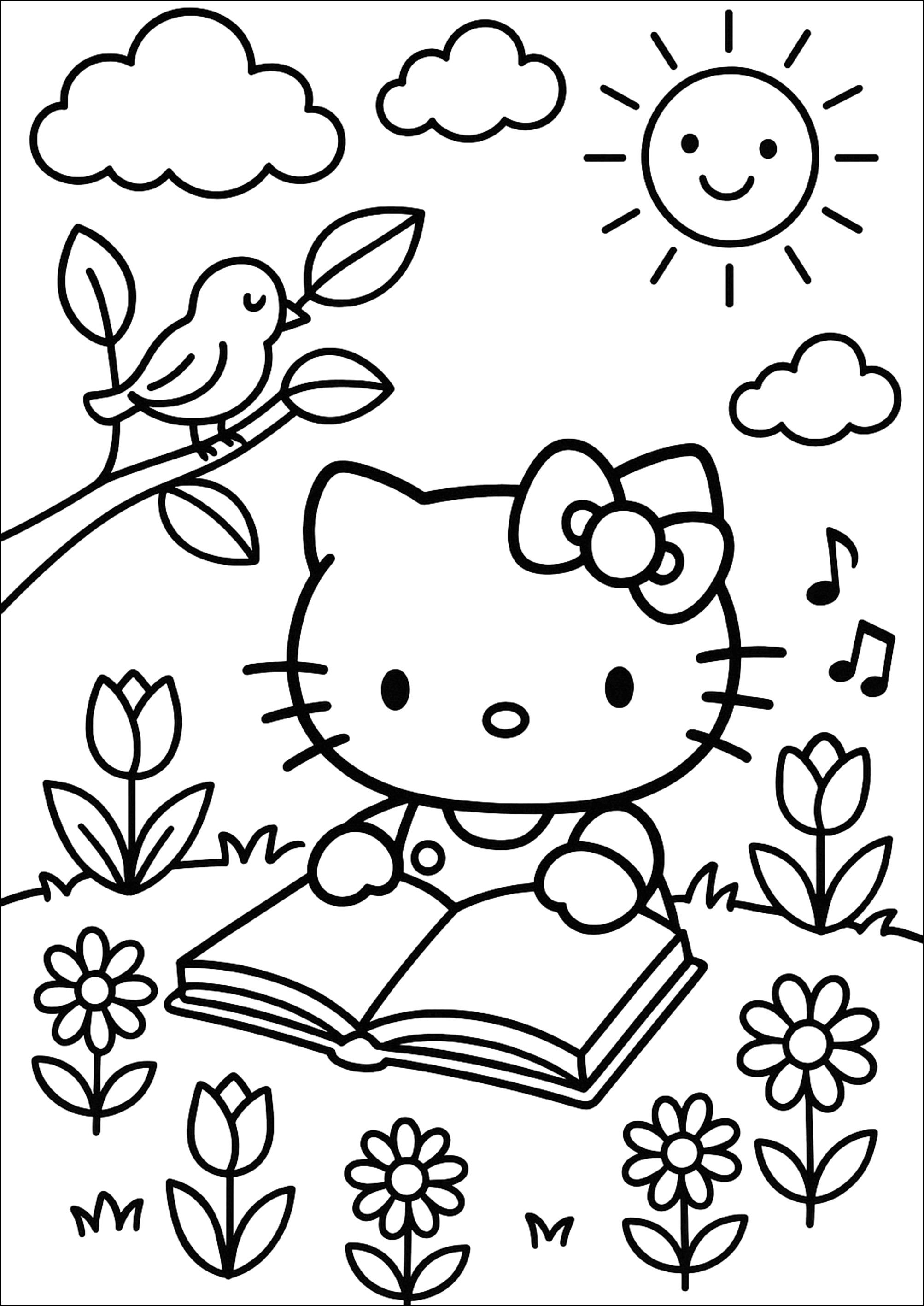 Olá Kitty no jardim dos livros - Páginas de Hello Kitty para colorir ...