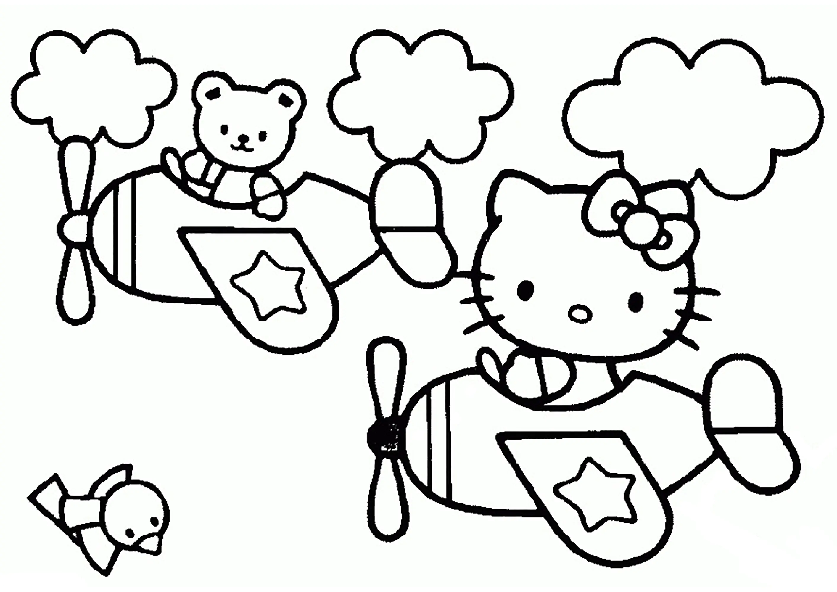 Hello Kitty e o seu amigo ursinho de peluche num avião (Página para colorir e imprimir para crianças)