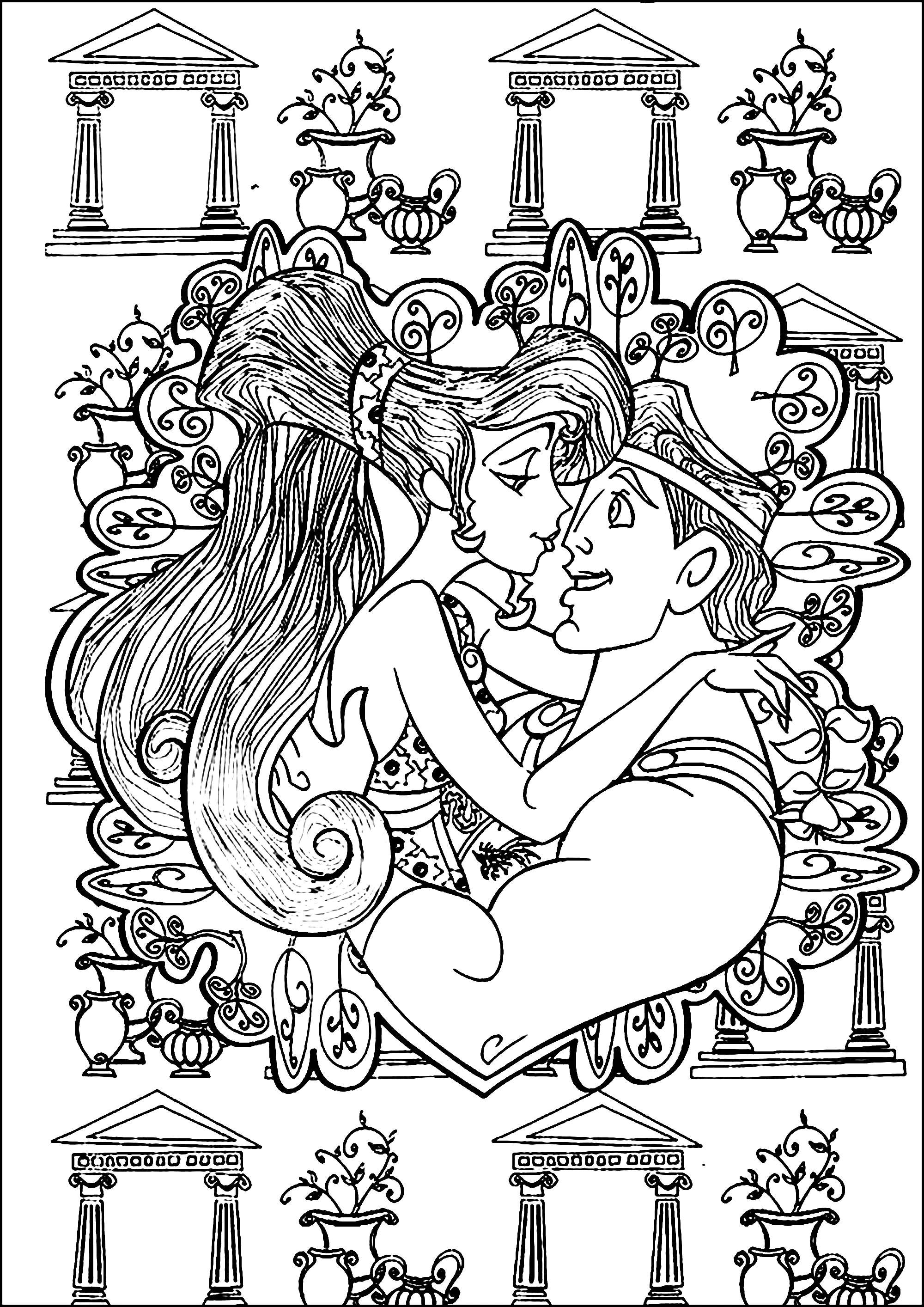 Heracles e Megara mais apaixonados do que nunca (Página de Hércules para colorir e imprimir para crianças)